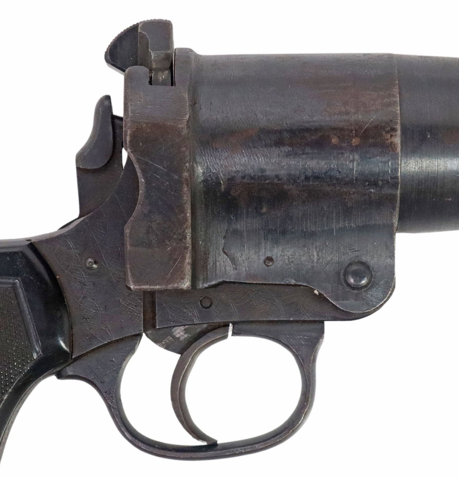 BRITISH NO 3 MK 1 FLARE GUN: British Signal Pistol, likely Webley & Scott, double action, marked at left frame "No. 3 Mark 1 star", marked at left barrel "1942, No. 3 Mark 1 star", and "1.1/2 within a