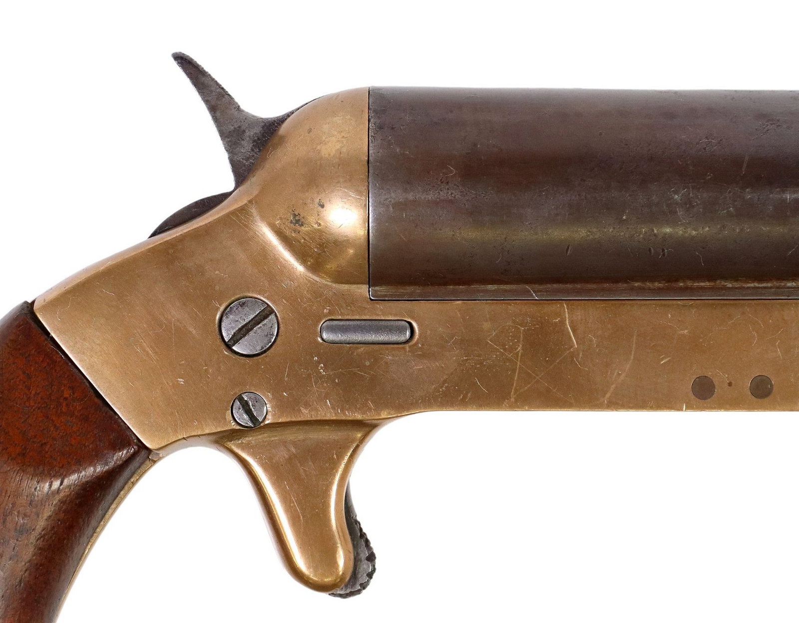 U.S. M1894 VARIATION FLARE GUN: U.S. Model 1894 Mark II Signal Pistol, this is a model variation with the barrel being hinged at the front of the frame and opening with a press button at left frame, marked at the right frame "N