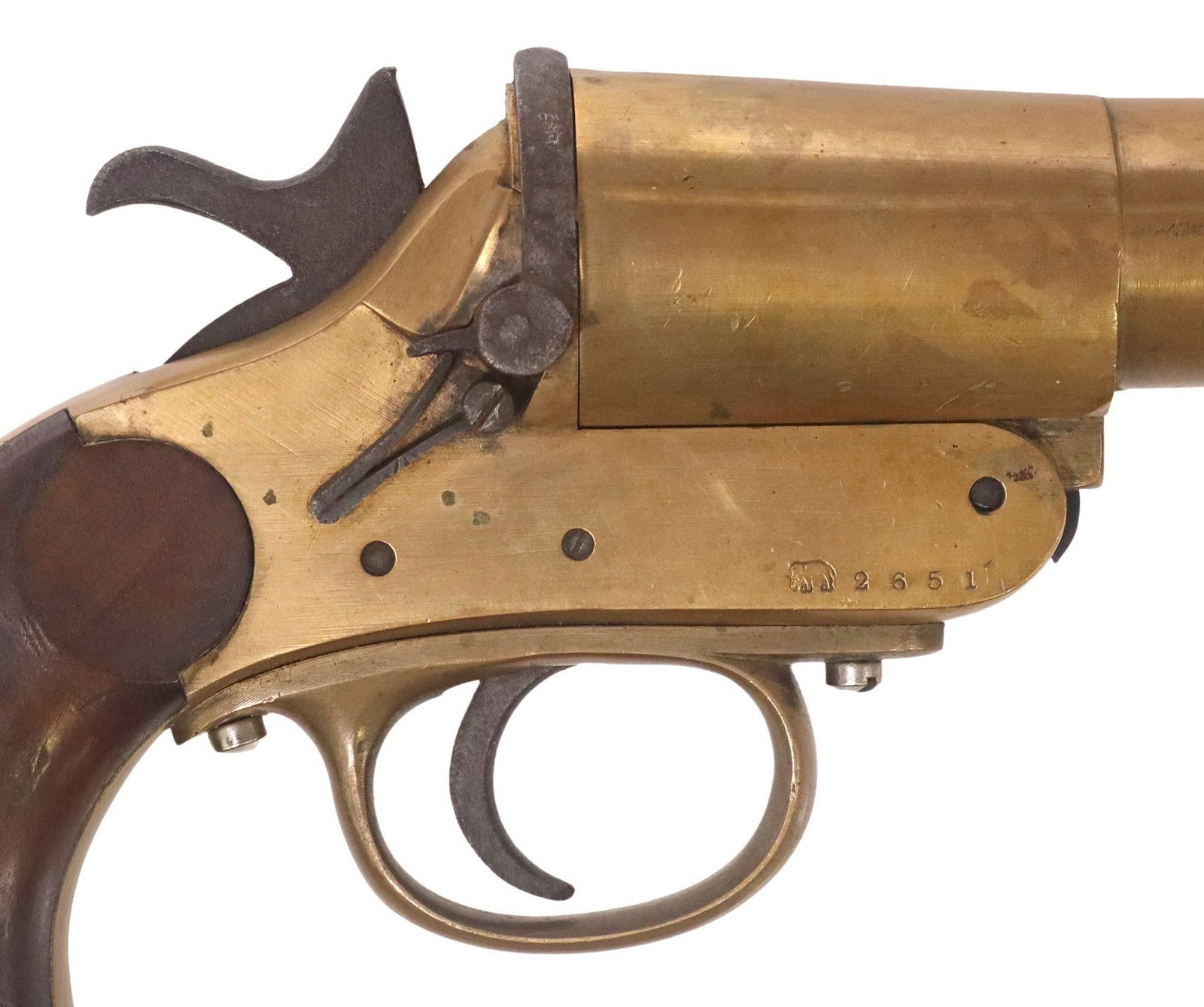 GREENER 1916 MKIII FLARE GUN: British Signal Pistol, marked at the left frame "W.W. Greener Birmingham", together with "broad arrow, 16, III, crown over B 72, crown over GR crossed flags over P,", the arr