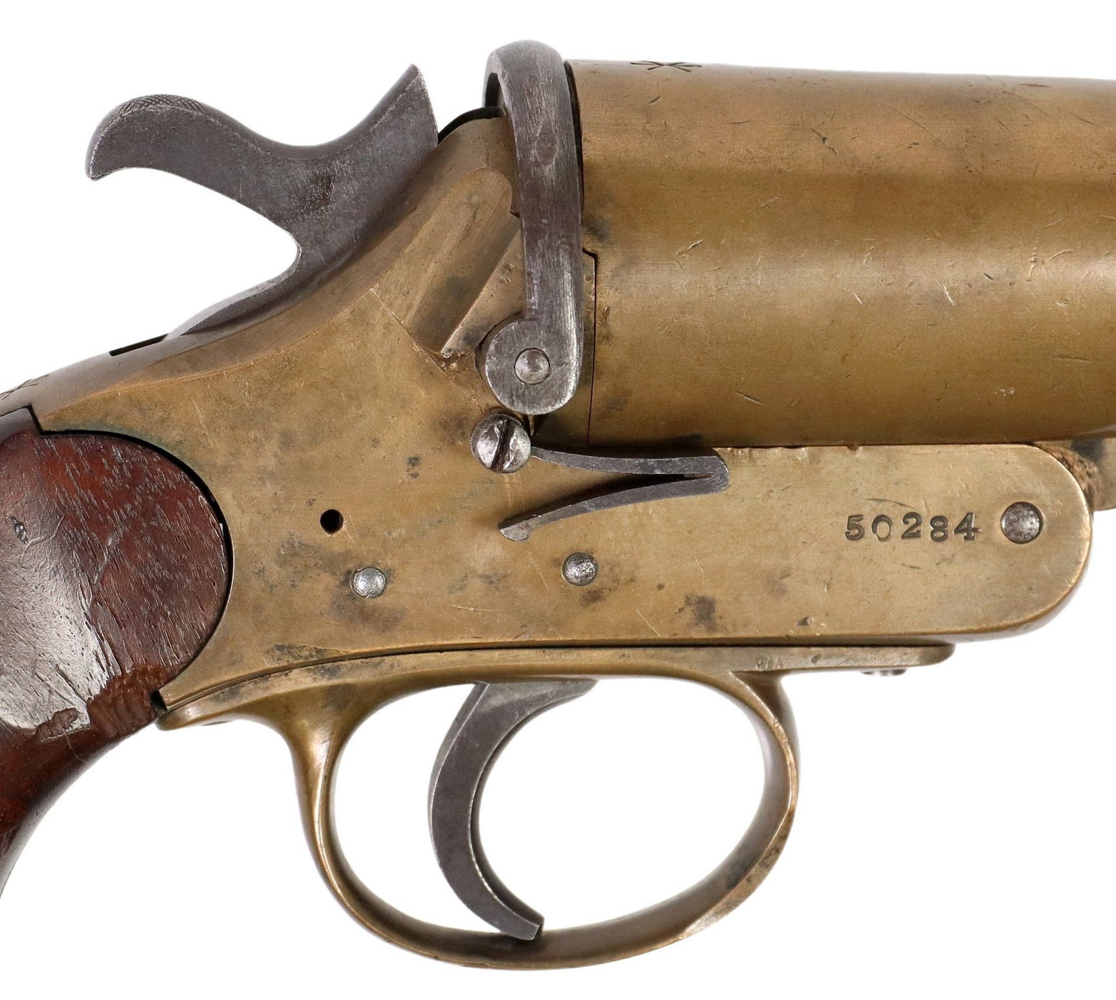 BRITISH C&H MKIII 1915 FLARE GUN: British Signal Pistol, marked at the left frame "Cogswell & Harrison Ltd, London, together with "broad arrow, 15, III, crown over G7 over E" and " crown over GR cross