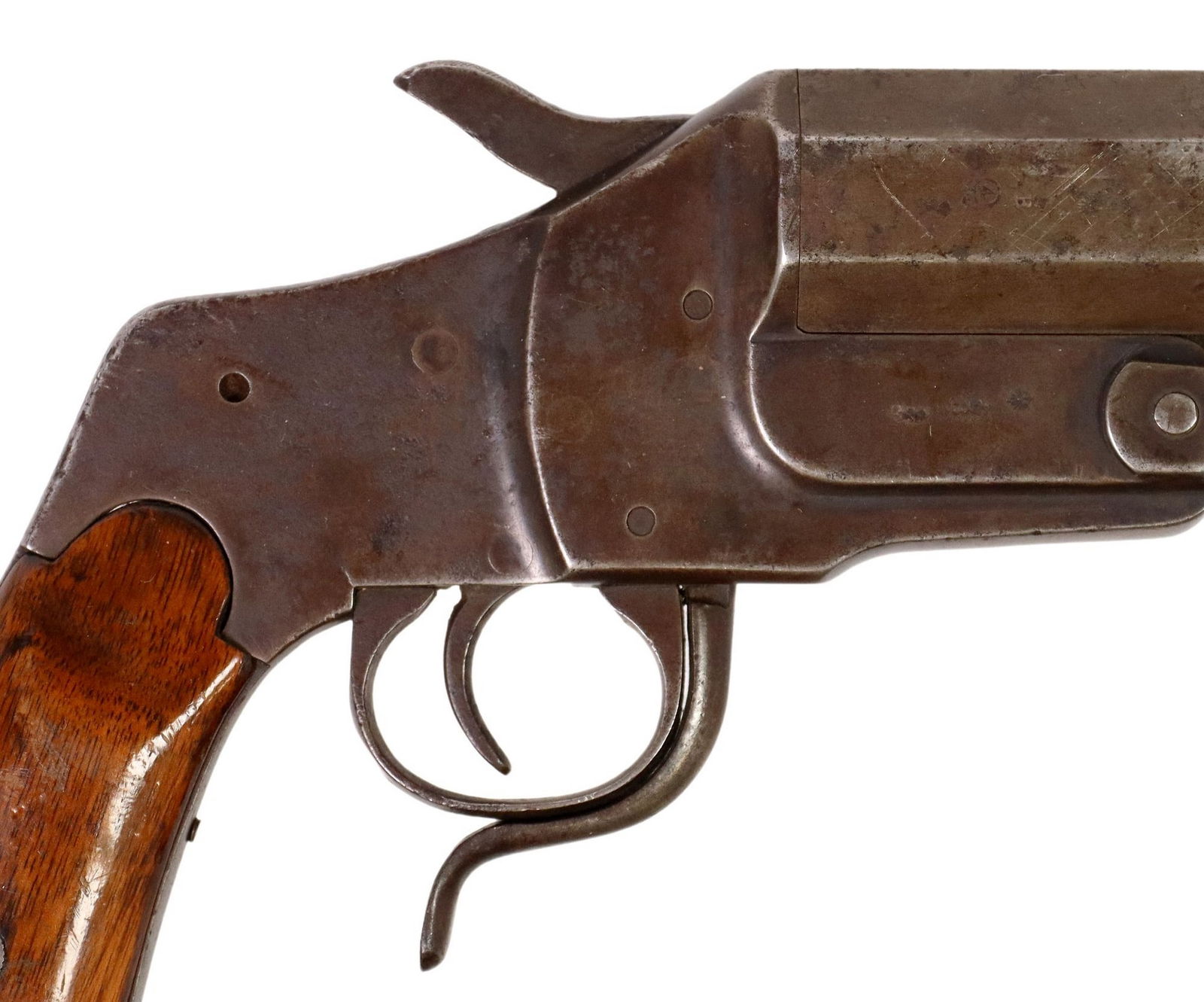 GERMAN 1894 HEBEL, LOUIS JULICH: German Hebel Model 1894 Signal Pistol, marked at the left frame "LBJ" (Louis B. Julich")nd serial number "9875", and three screws stamped "75", right barrel and fram