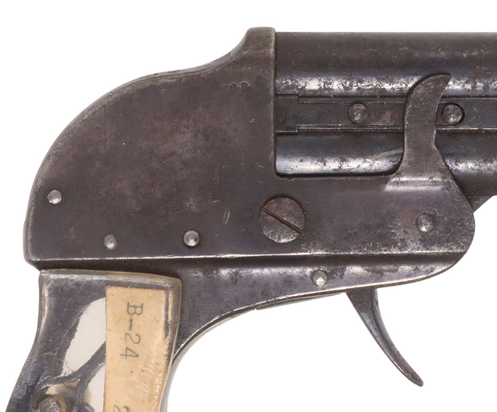 GERMAN PERPLEX 2 BRL.GAS PISTOL: German Gas Gun, marked at the left receiver "Perplex, D.R.P.Ol. Modele 2", the left barrel lug marked serial number "82", the right barrel rib near muzzle marked "crown over c