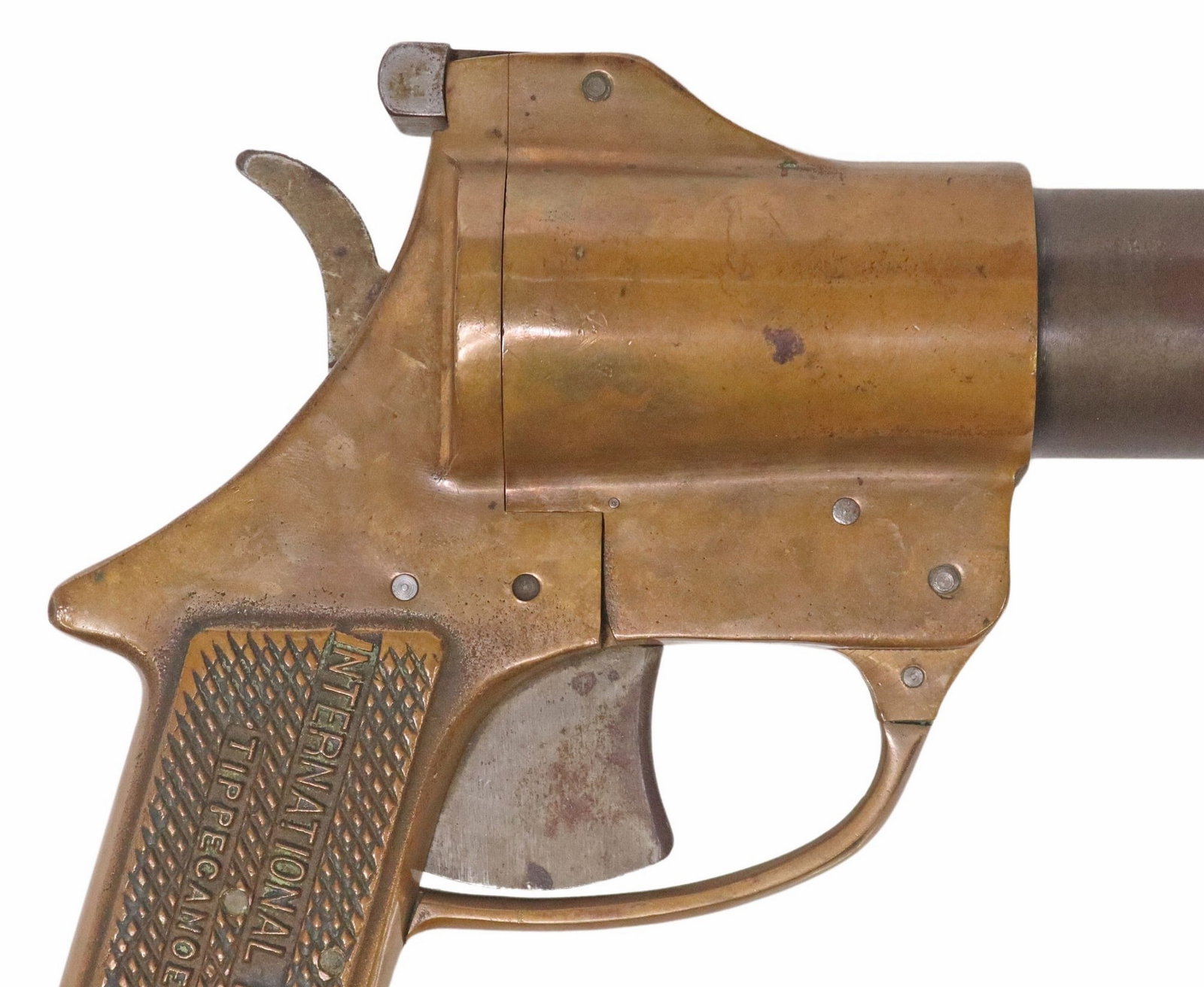 INTERNATIONAL CO. FLARE GUN: Signal Pistol, the left and right grip marked "International Flare Signal Co., Tippecanoe City, Ohio", marked at left frame "C204", steel 8.25" top break barrel, brass f