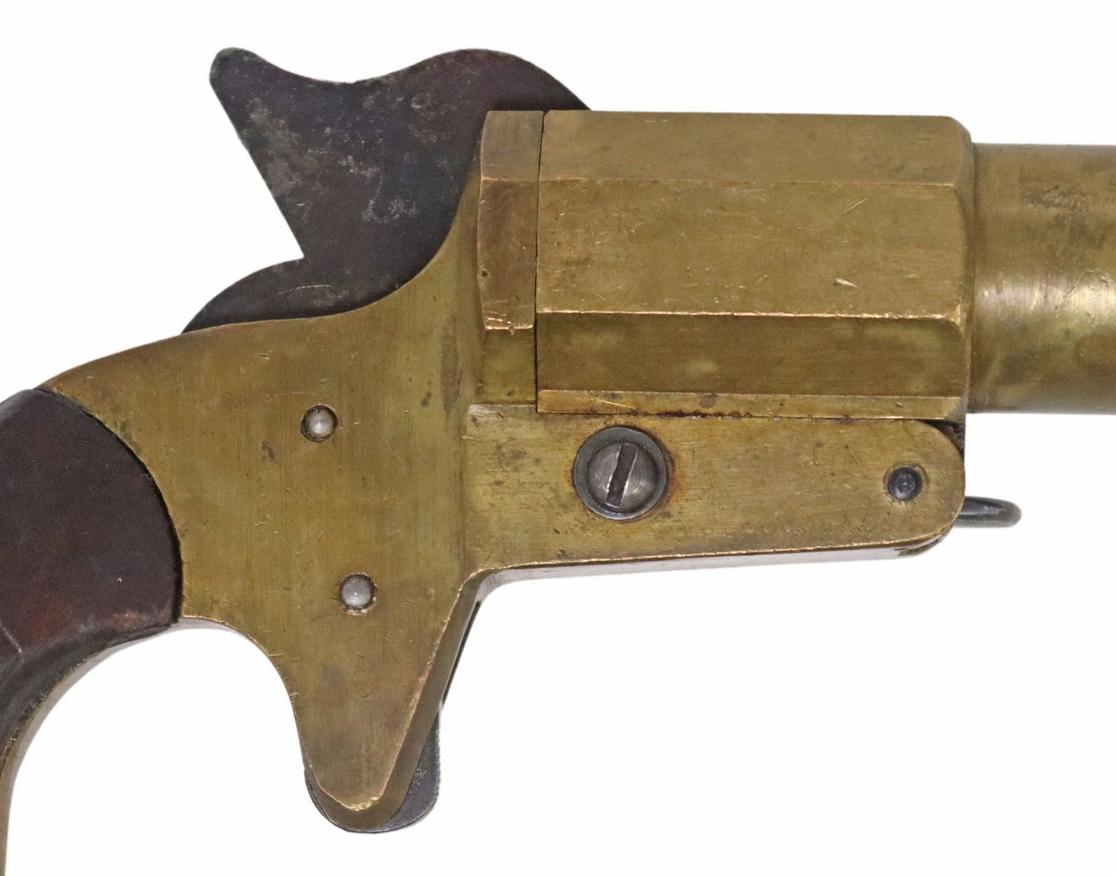 U.S. MKIV FLARE GUN, SCOTT, FETZER: U.S. Mark IV Signal pistol, marked at the top barrel flat "Very Pistol 25MM Mark IV, then crossed out and 1" CON added, Scott-Fetzer Mach. Co. Cleve O", marked on the left bar