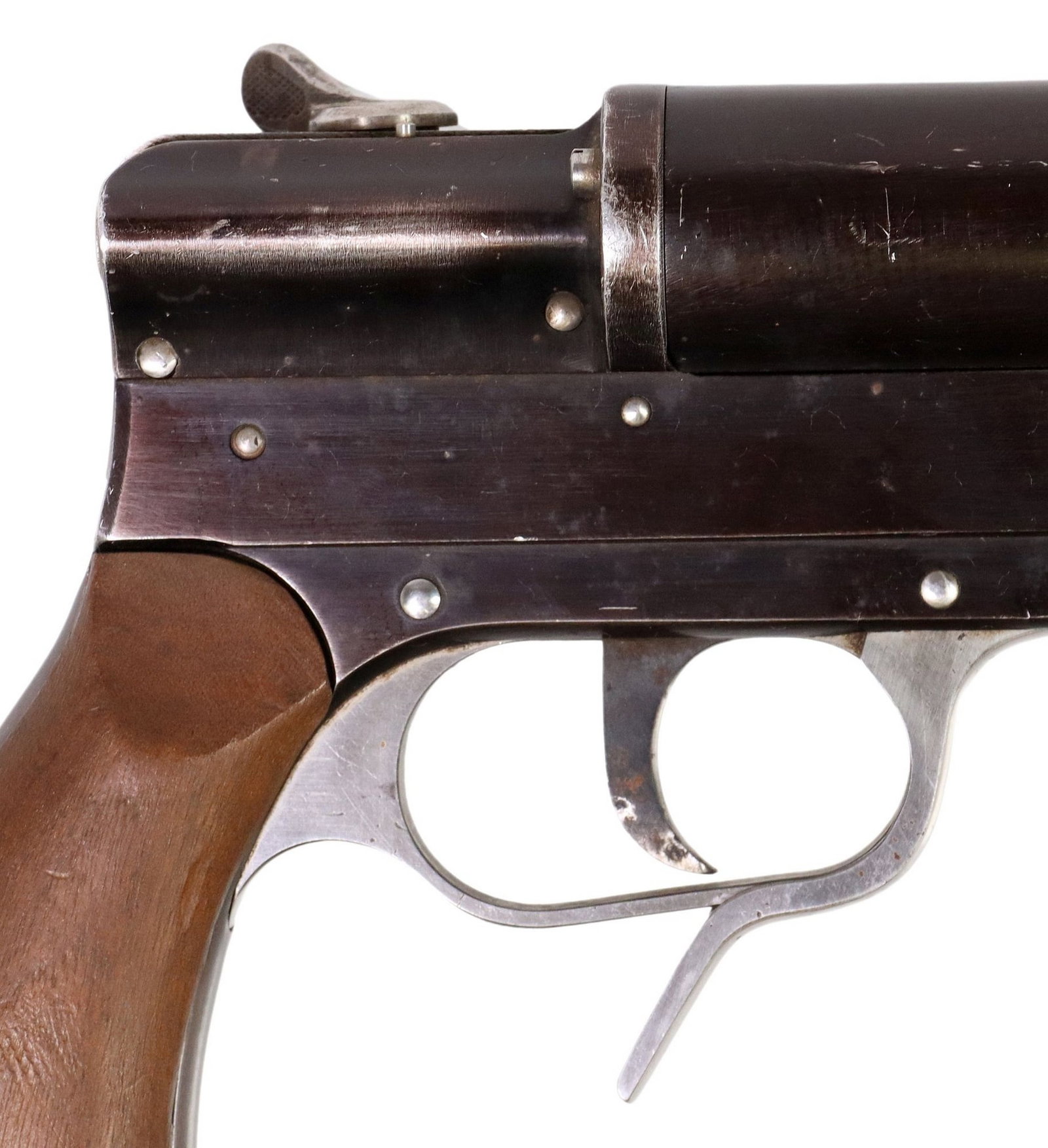 GERMAN TWO BARREL WWII FLARE GUN: German Double Barrel Signal Gun, double action, marked at the left frame "eagle over EEU within a rectangle (Lieferungsgemeinschaft westthueringische Werkzeug- u. Metallwarenfabriken, Thueri