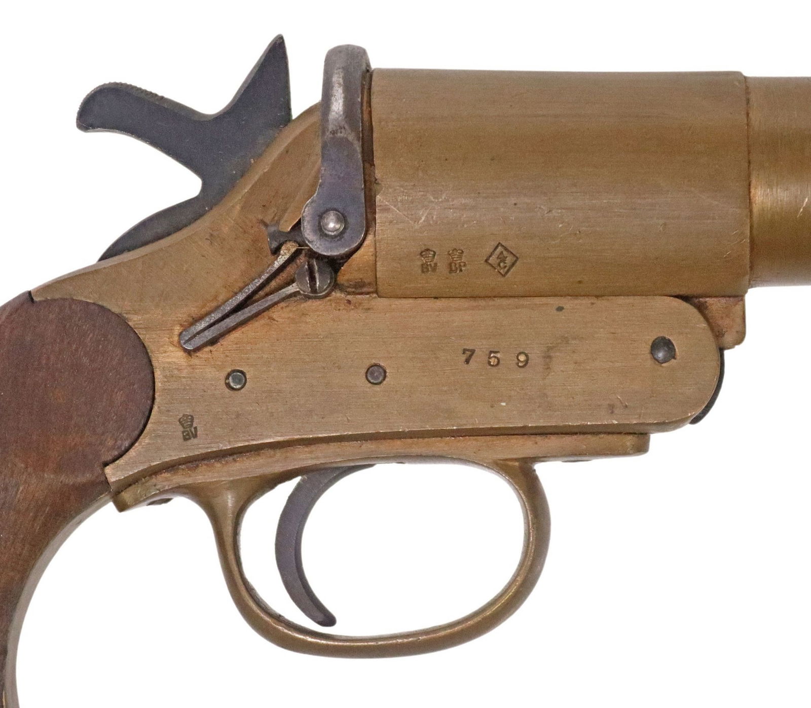 W.W. GREENER FLARE GUN & HOLSTER: British No.1 MK III* Signal Pistol, mfg 1941, markings include at left frame W.W. Greener Ltd,, model and date, broad arrow, "crown over E over JW, a linear 8 point star,