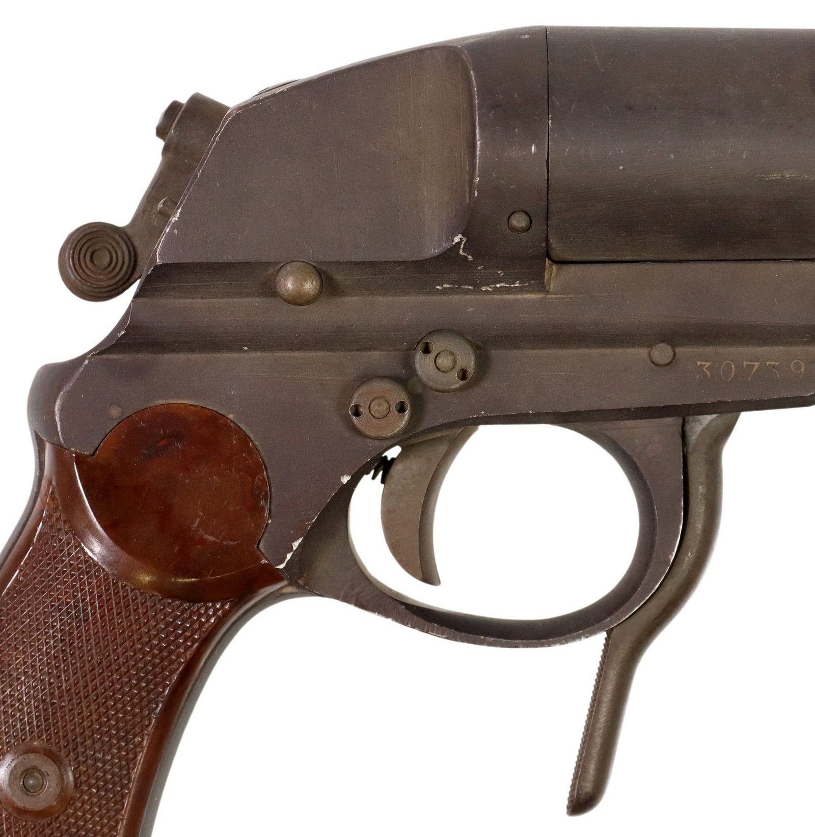 GERMAN WWII TWO BARREL FLARE GUN: German Two Barrel Signal Pistol, marked at rear of left frame "ojn" (Emil Eckoldt, Suhl), marked at front of left frame "L.N. 24483" (Luftwaffe contract), both barrel tops marked w