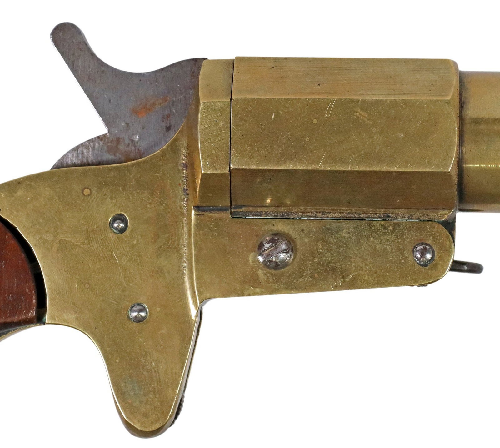 WWI ERA UNMARKED FLARE GUN: Signal Pistol similar to WWI 1917/1918 models, no markings found, brass, the 4" barrel opens with lever at left frame, 1" bore, wood grips, lanyard ring, for shipping 6" x 8" 