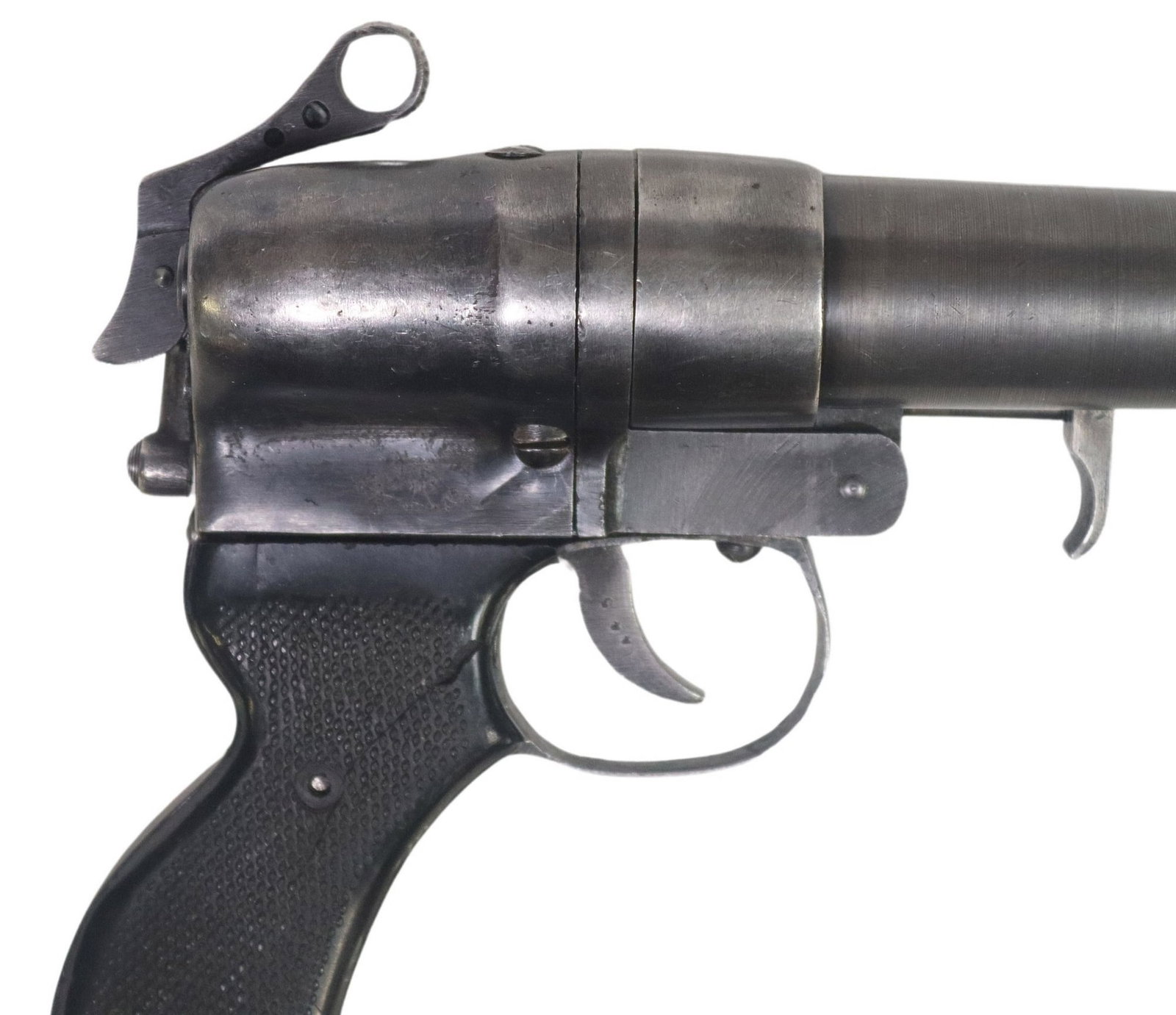 JAPANESE TYPE 90 TWO BARREL FLARE GUN: Japanese Nambu Type 90 Two Barrel Signal Pistol, pattern A, believed to be mfg. by Kayaba, marked at the left frame "Japanese character and A", marked "445" at rear of left frame&q