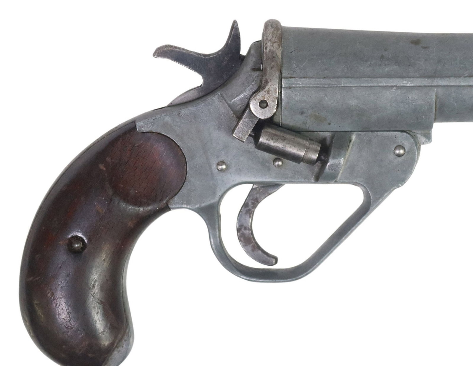 BRITISH NO 1 MK IV FLARE GUN: British No 1, Mark IV Signal Pistol, marked at left frame with broad arrow, marked at left grip in paint"10", marked at left barrel "14645" "3E" with other lettering obsc