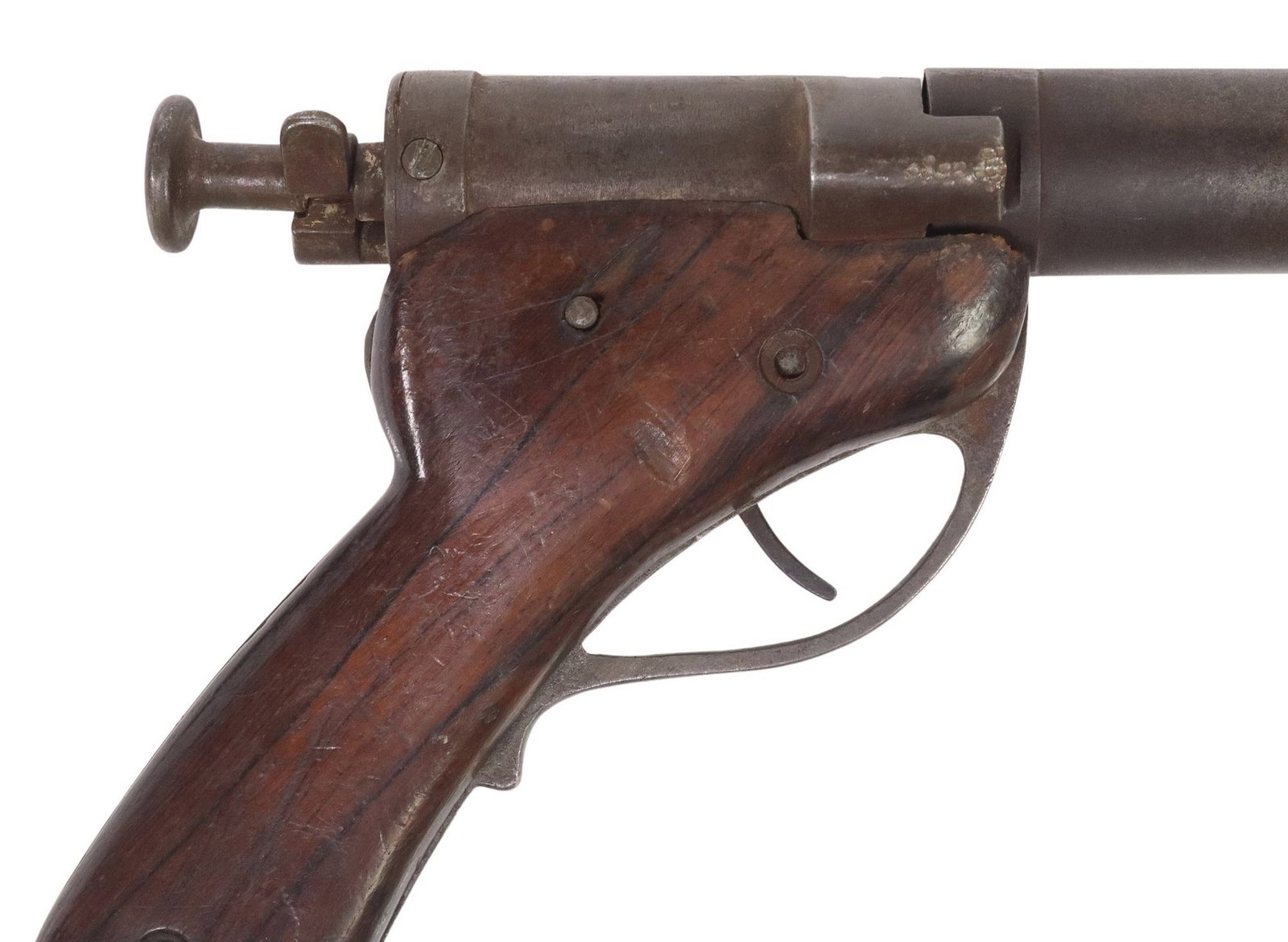 GERMAN LILLE SIGNAL PISTOL: German Kommandantur Lille Signal Pistol, early 20th c., steel with wood grips, the 8" barrel rotates counter clockwise for load and unload, 1" bore, pull bolt sets trigger, lanyard ring