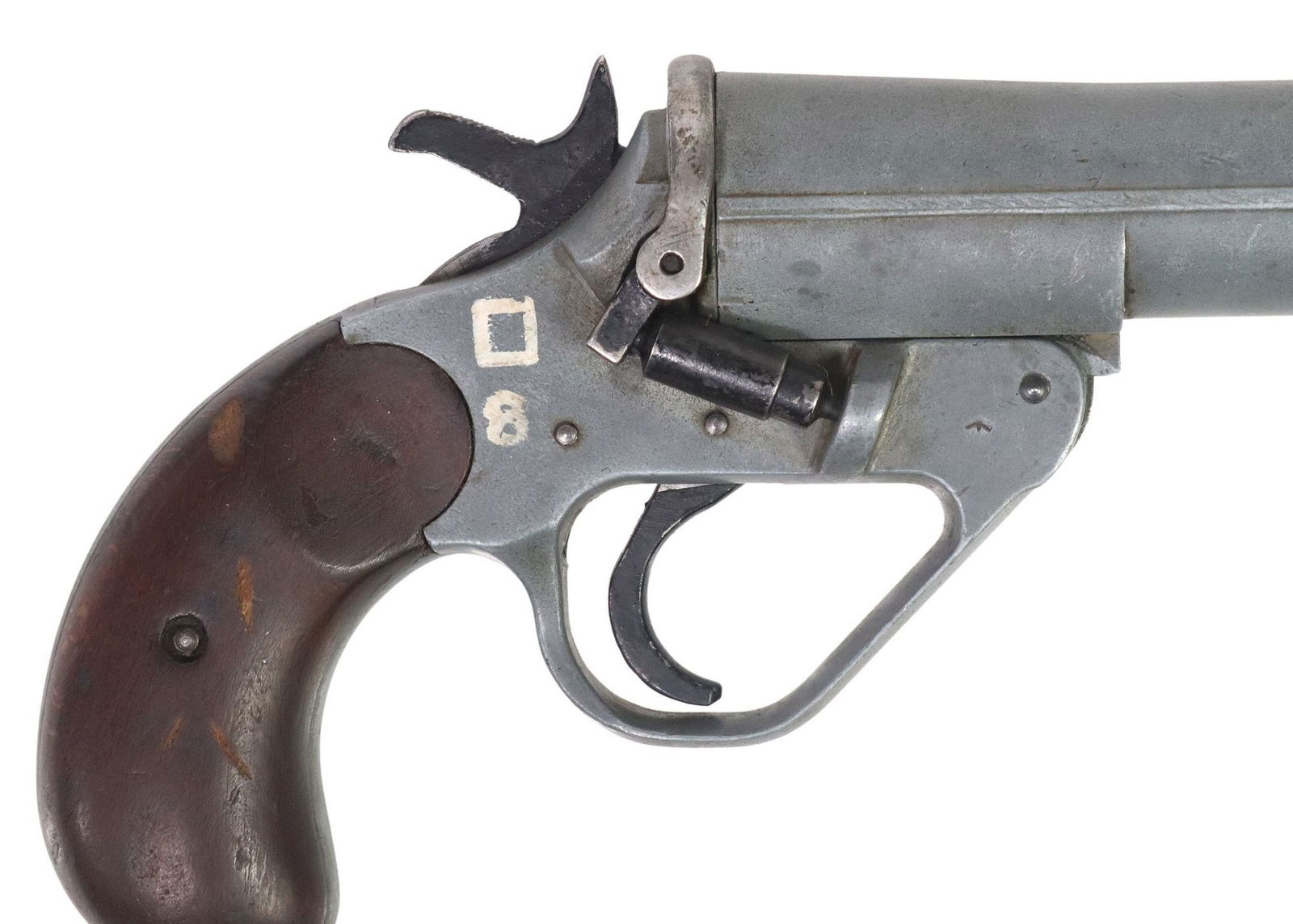 BRITISH NO1 MKIV FLARE GUN, ZINC: British Signal Pistol, No. 1,Mark IV, marked at the left frame with faint outline of a square and "23300", and repeated at left barrel side together with "BE" (I.L. Berridge &
