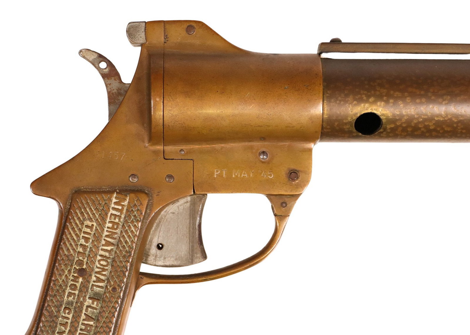 INT'L FLARE & SIGNAL CO. GUN: U.S. Model M2 Signal Pistol by "International Flare-Signal Co., Tippecanoe City, Ohio", makers name and patent at both grips, the right frame marked "31547", the right s