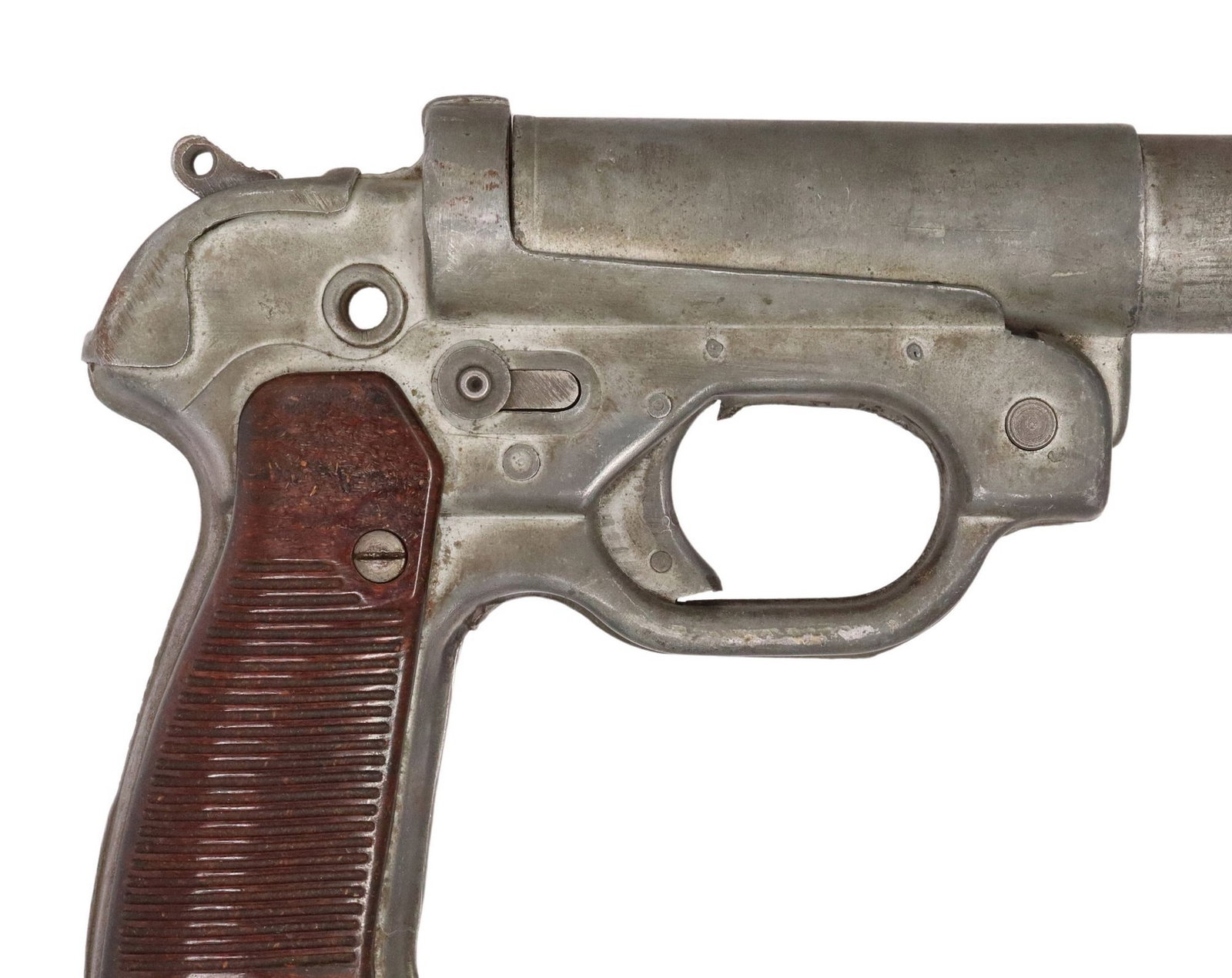 GERMAN LP42 FLARE GUN: German LP42 Signal Pistol marked at the left frame", "117892" and "euh" (C. u. W. Meinel-Scholer, Klingenthal), both grips at underside marked "0", the 6" barre