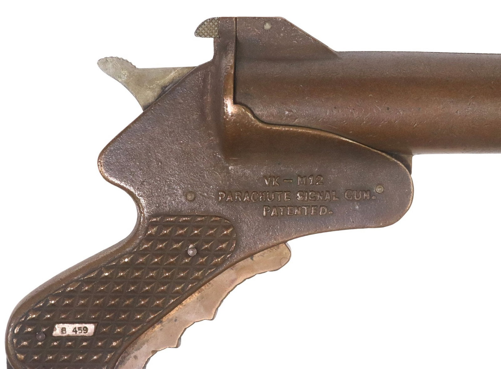 VAN KARNER M12 FLARE GUN: Van Karner Signal Pistol, marked at left frame "Manufactured By Van Karner Chemical Arms Corp. New York, N.Y.", marked at left grip "PT 5/45", marked at right frame "VK-M12, P