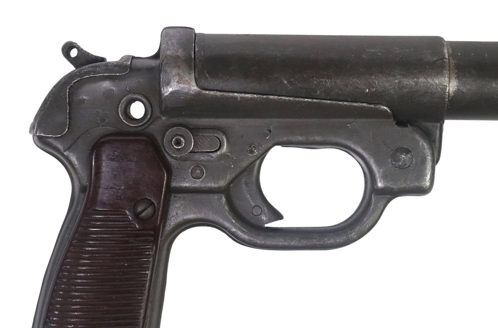 GERMAN LP42 FLARE GUN: German LP42 Signal Pistol marked at the left frame", "163840" and "euh" (C. u. W. Meinel-Scholer, Klingenthal), marked at barrel top within a circle "1"over m 25&quo