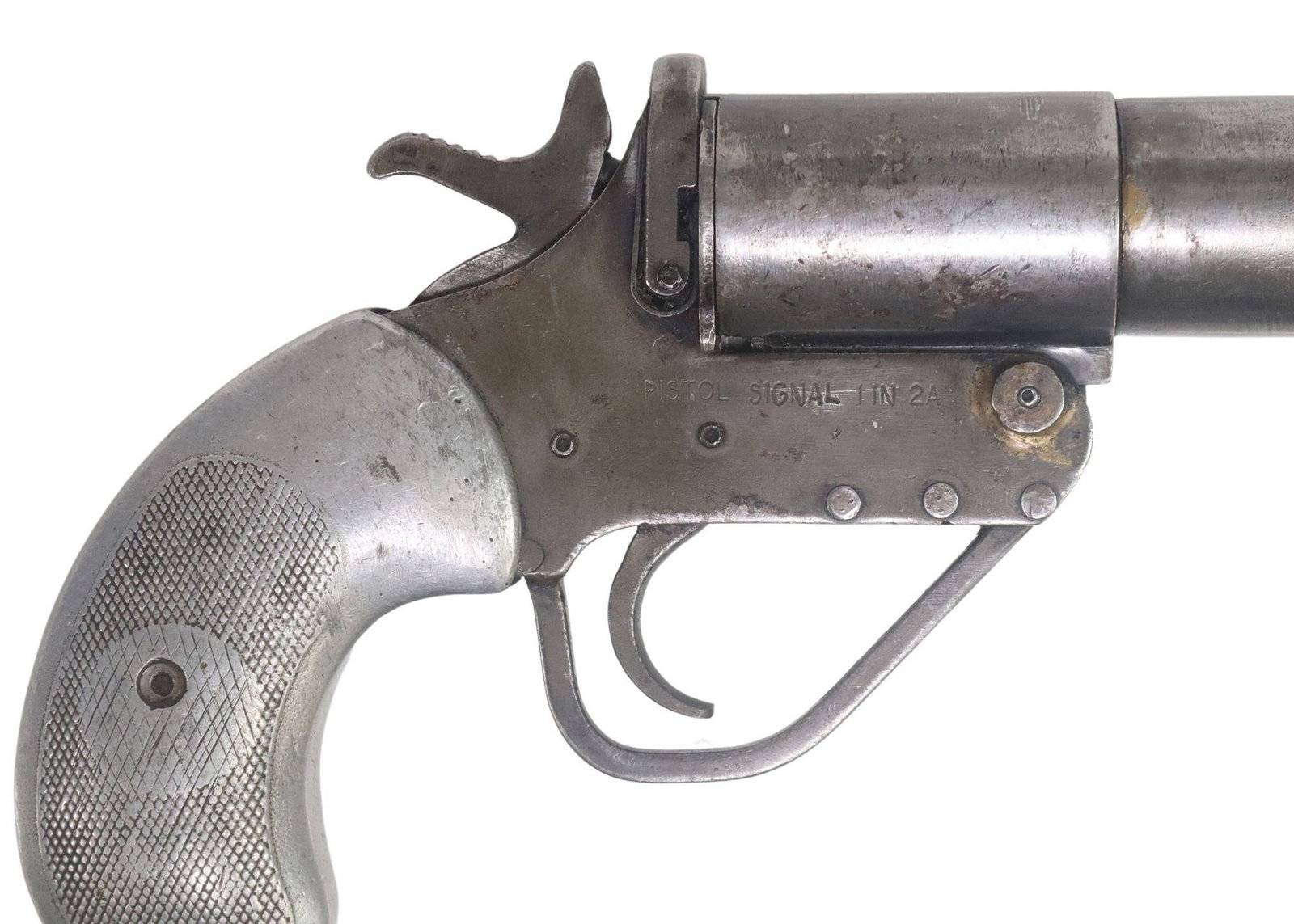 BRITISH NO 1 MK V FLARE GUNritish No 1 Mark V: British No 1 Mark V Signal Pistol, marked at the left frame "058428" and broad arrow, the serial number repeated at left barrel, proof marks at barrel top, marked at left frame "Pistol 