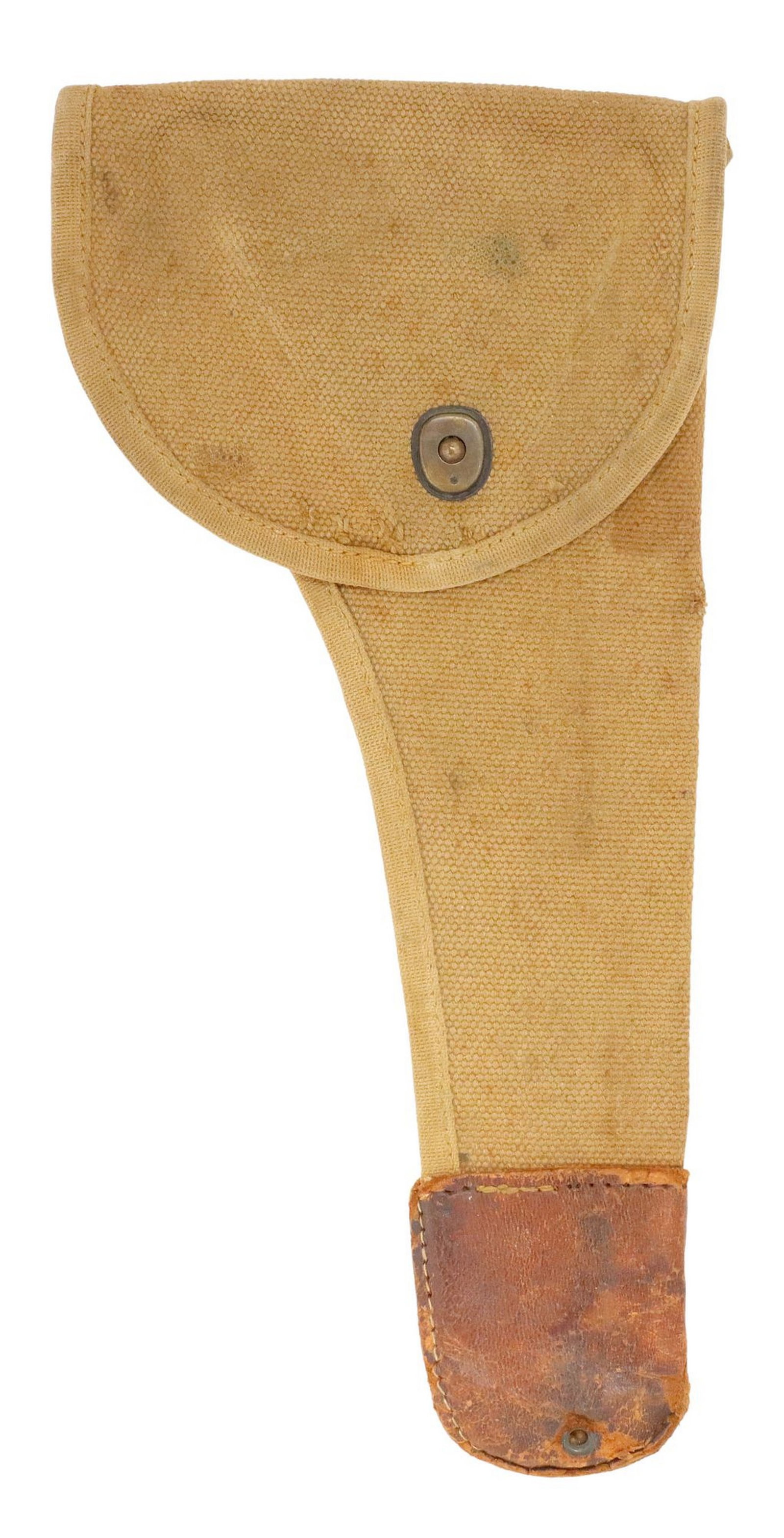 REMINGTON MKIII HOLSTER, FLARE GUN: Remington Mk III Flare Gun Holster, brown canvas, brown leather at base with scuffing and loss, base numbered "2" and other numbers/letters obscured, for shipping overall 13.25" x