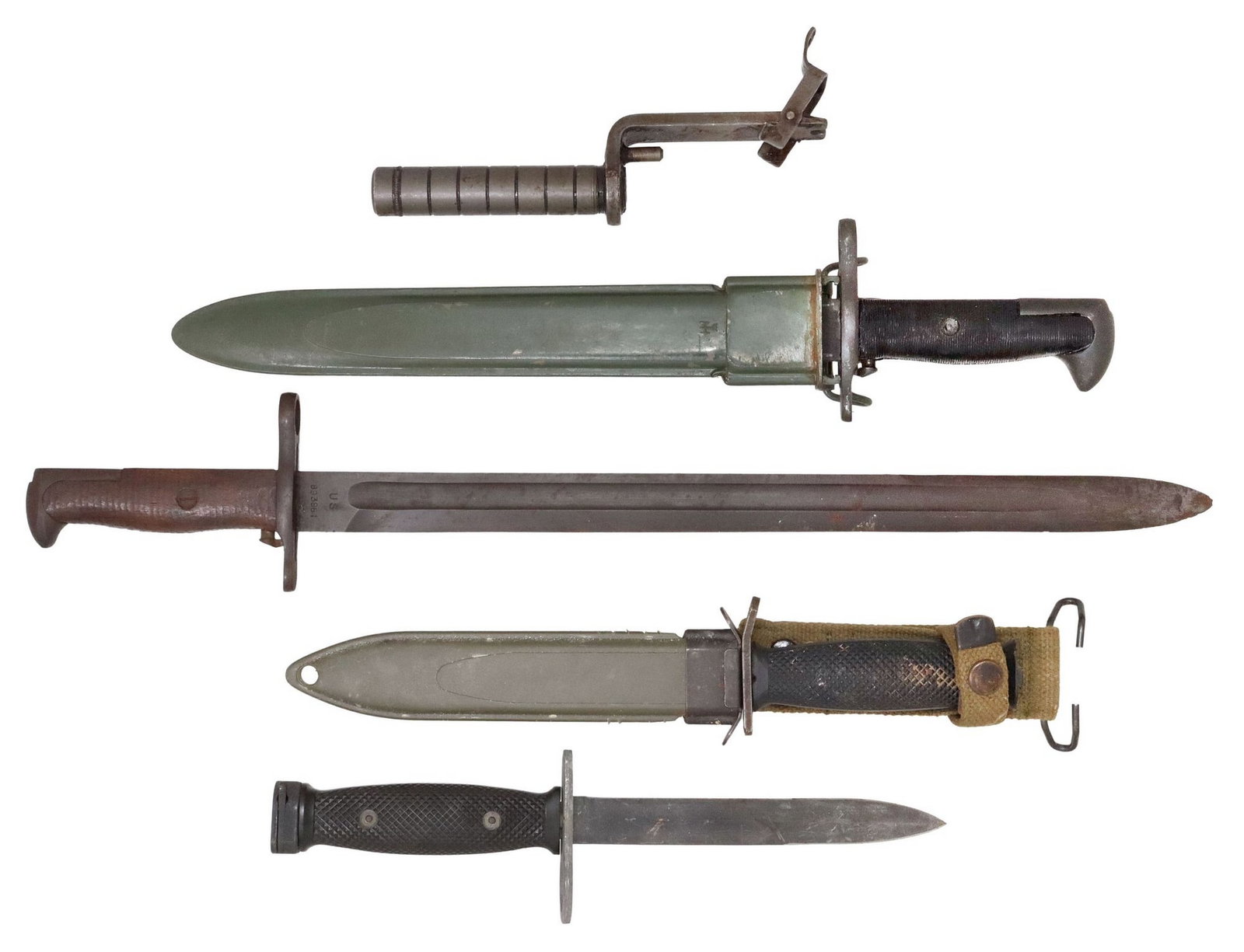 (5) U.S. BAYONETS, M7 GRENADE LAUNCH, KNIFE: (lot of 5) U.S. Bayonets, Knife & Grenade Launcher; (1) Grenade launcher marked "I.B.M. Corp M7 Launcher For M1 Rifle", WWII for the M1 Garand rifle; (1) U.S. M1 Garand button