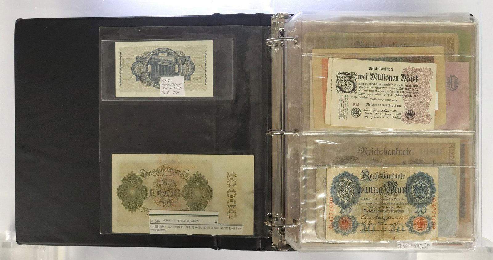 (168) GERMAN WWI ERA CURRENCY: (168) Obsolete German Currency, pre and post WWI, WWII Nazi occupation currency, many with historic data, housed in a three ring binder, for shipping 11.75" x 10.5" x 2.75", 