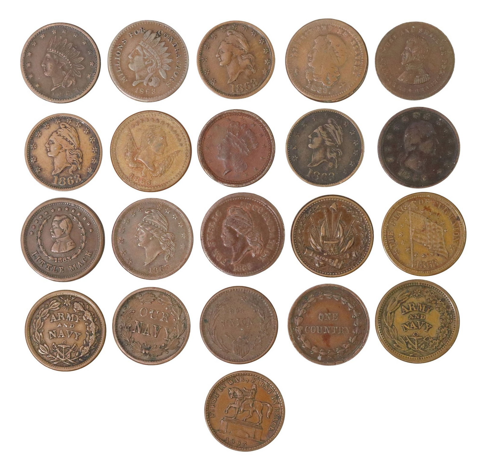 (21) CIVIL WAR PATRIOTIC TOKENS: (lot of 21) Civil War Patriotic Tokens: (1) Washington facing right, crossed flags, Peace Forever, hand shake; (1) McClellan, Little Mack, Medal for One Cen; (1) Andrew Jackson, The Union Must a