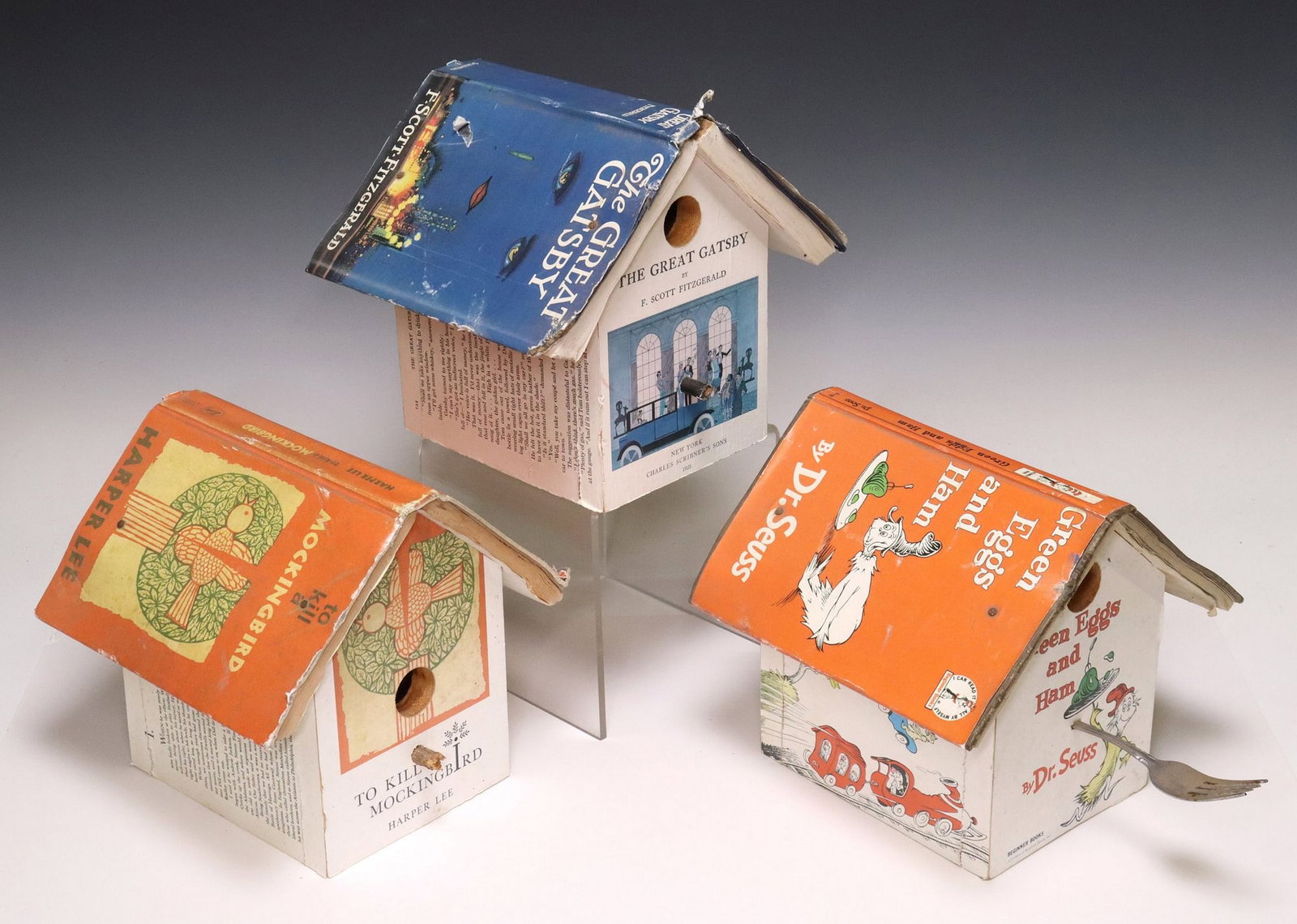 (3) VISSAT WILD WINGS LITERARY LODGINGS ARTIST BIRDHOUSES: (lot of 3) Artist birdhouses, (two) signed Vissat (Dave Vissat), Wild Wings, c.2013-2014, rectangular wood frame mounted with page copies from prominent American writers, the roof formed by the cover&
