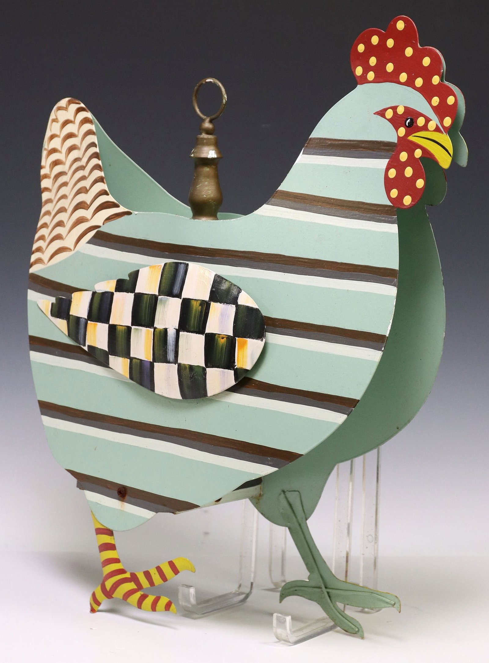 MACKENZIE-CHILDS PAINT-DECORATED METAL 'CHICKEN' BIRDHOUSE: Mackenzie-Childs 'Chicken Birdhouse', 21st c., frame comprised of sheet metal sides cut and painted to resemble a hen with striped decoration, encasing a small birdhouse, light paintloss, 