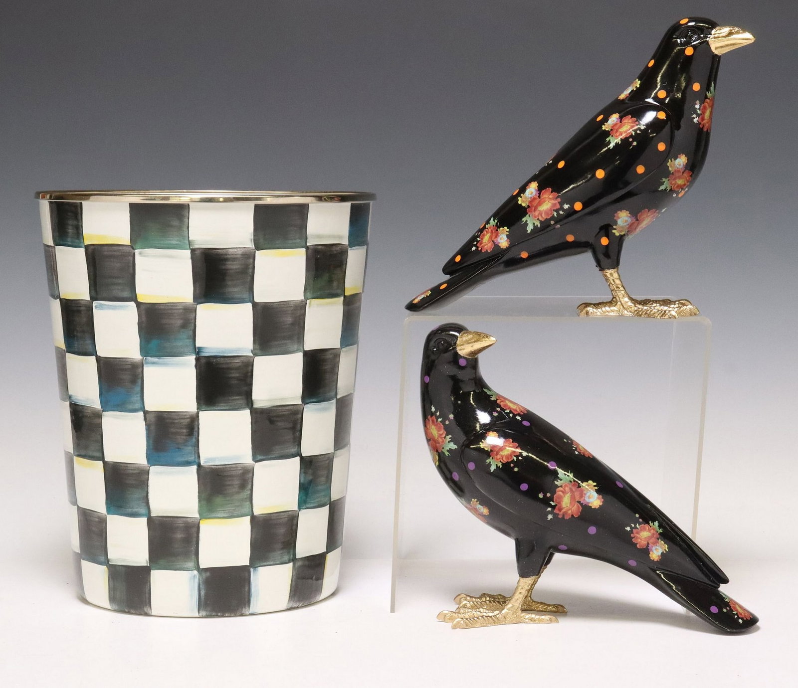 (3) MACKENZIE-CHILDS FLOWER MARKET CROWS & 'COURTLY CHECK' WASTE BIN: (lot of 3) Mackenzie Childs decorative items, including: (1) waste bin, in the 'Courtly Check' pattern, glazed steel underbody with hand-painted decoration, toned stainless steel rim, app