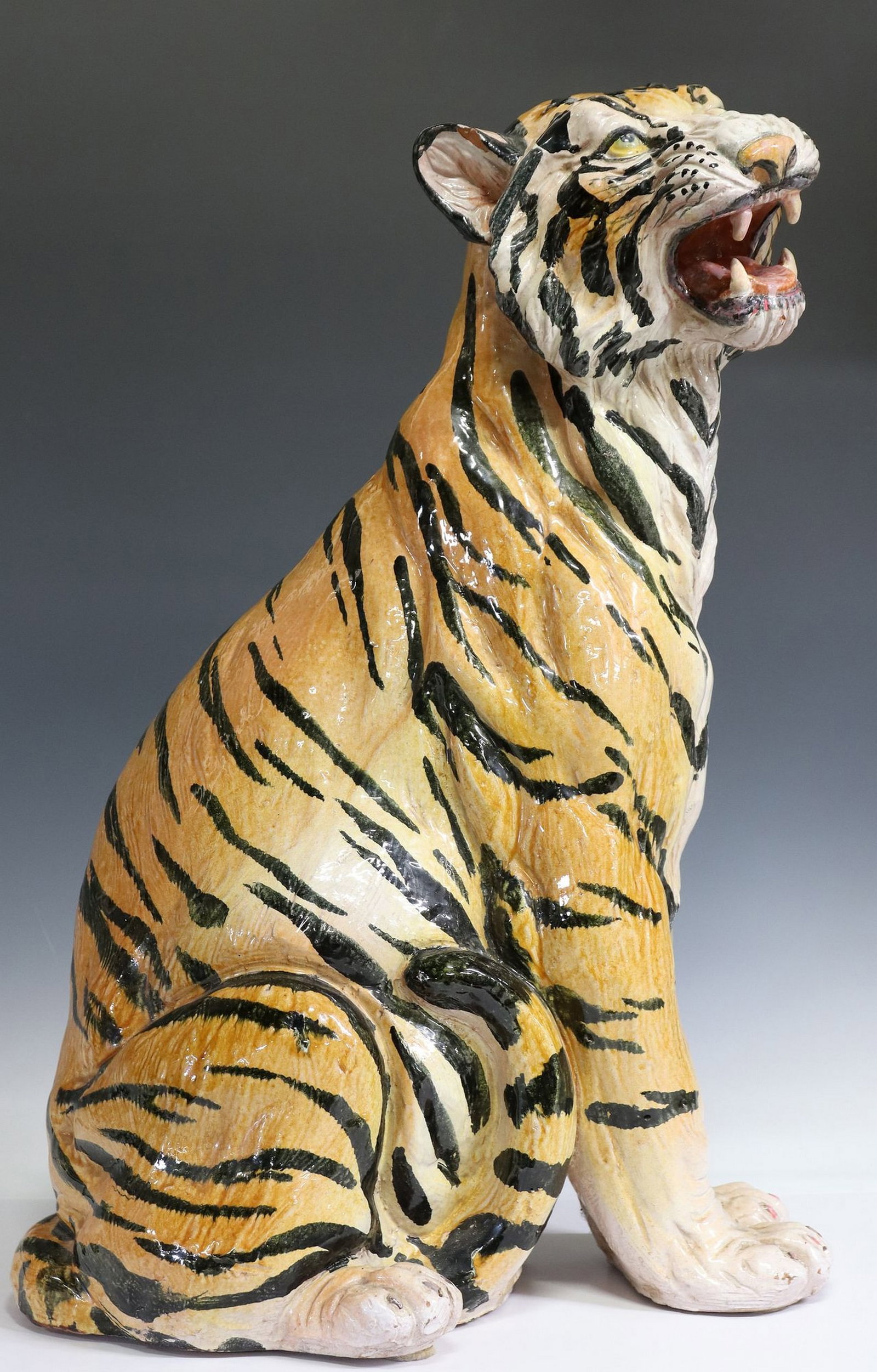LARGE ITALIAN CAST CERAMIC SEATED TIGER, 26"H: Large Italian ceramic seated tiger, late 20th c., signed Italy underfoot, approx 26"h, 16"w, 9.5"d, 27.25lbs **Provenance: A Montgomery, Texas collection**