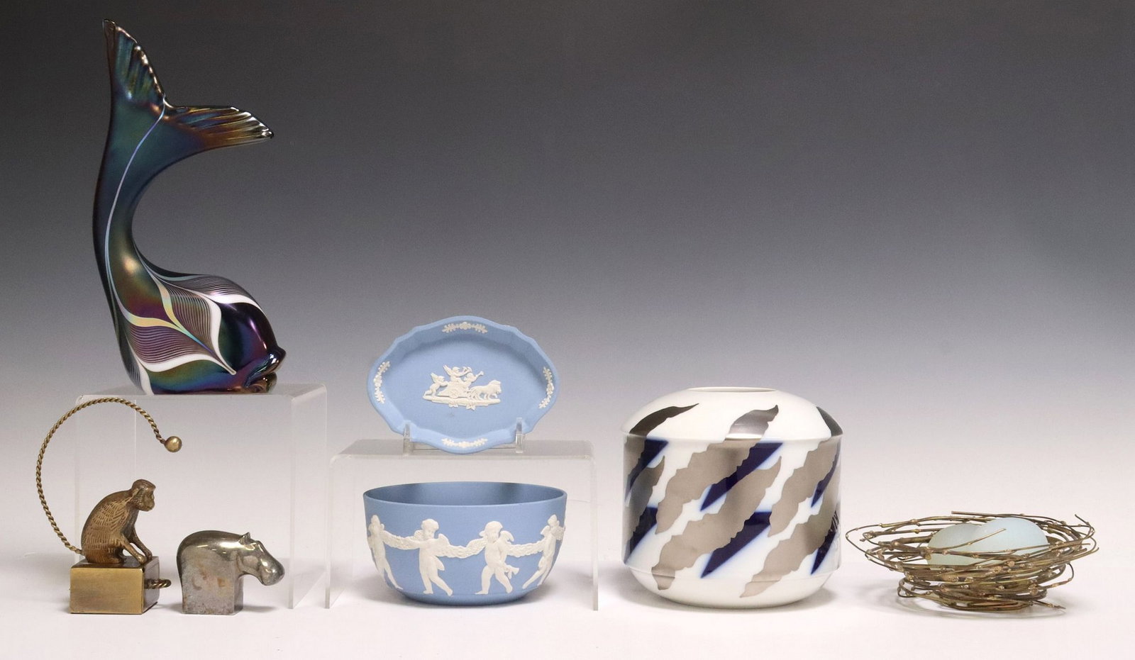 (7) DECORATIVE OBJECTS: ROYAL COPENHAGEN VASE, STUART ABELMAN GLASS FISH: (lot of 7) Decorative objects, including: (1) iridescent art glass fish with pulled feather design, signed Abelman (Stuart Abelman, American, 20th c.), dated 1981, (1) modern porcelain vase, Lin 