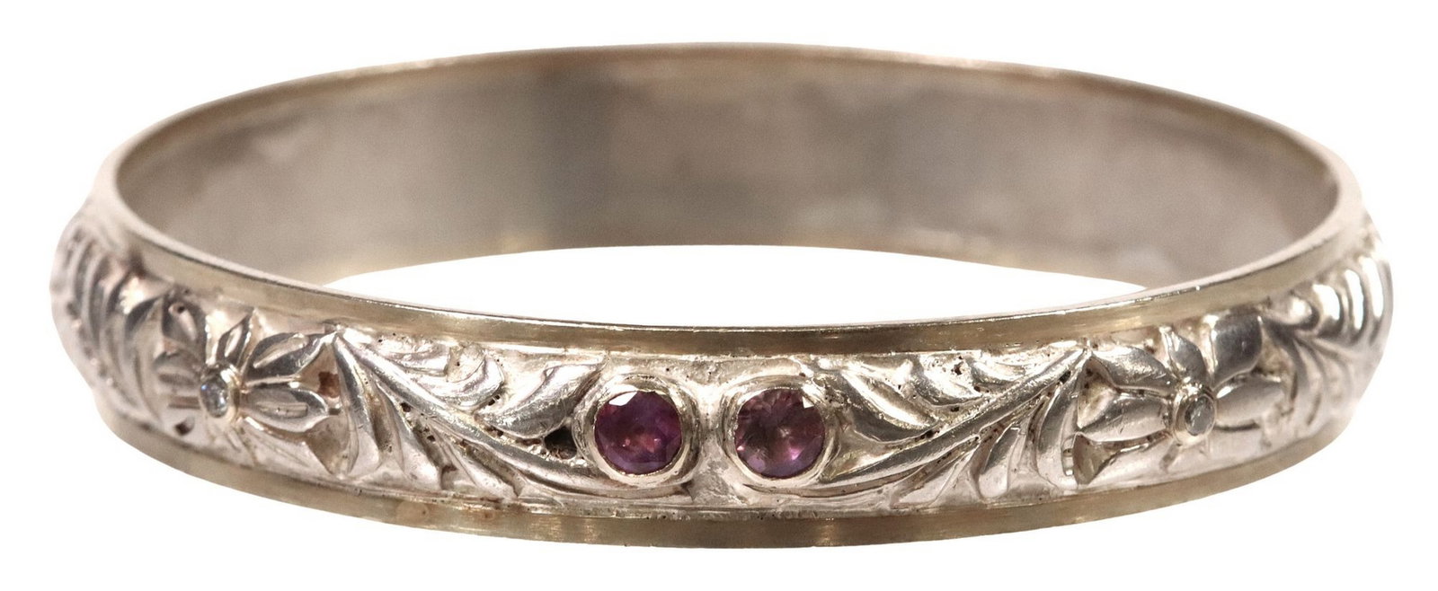 KELLI BROWN STERLING WITH 18KT GOLD AMETHYST & DIAMOND BANGLE: Estate sterling silver with 18kt yellow gold bangle bracelet, Kelli Brown (Austin, Texas and San Miguel de Allende, Mexico), carved floral and foliate design, set with (four) amethysts, (four) di