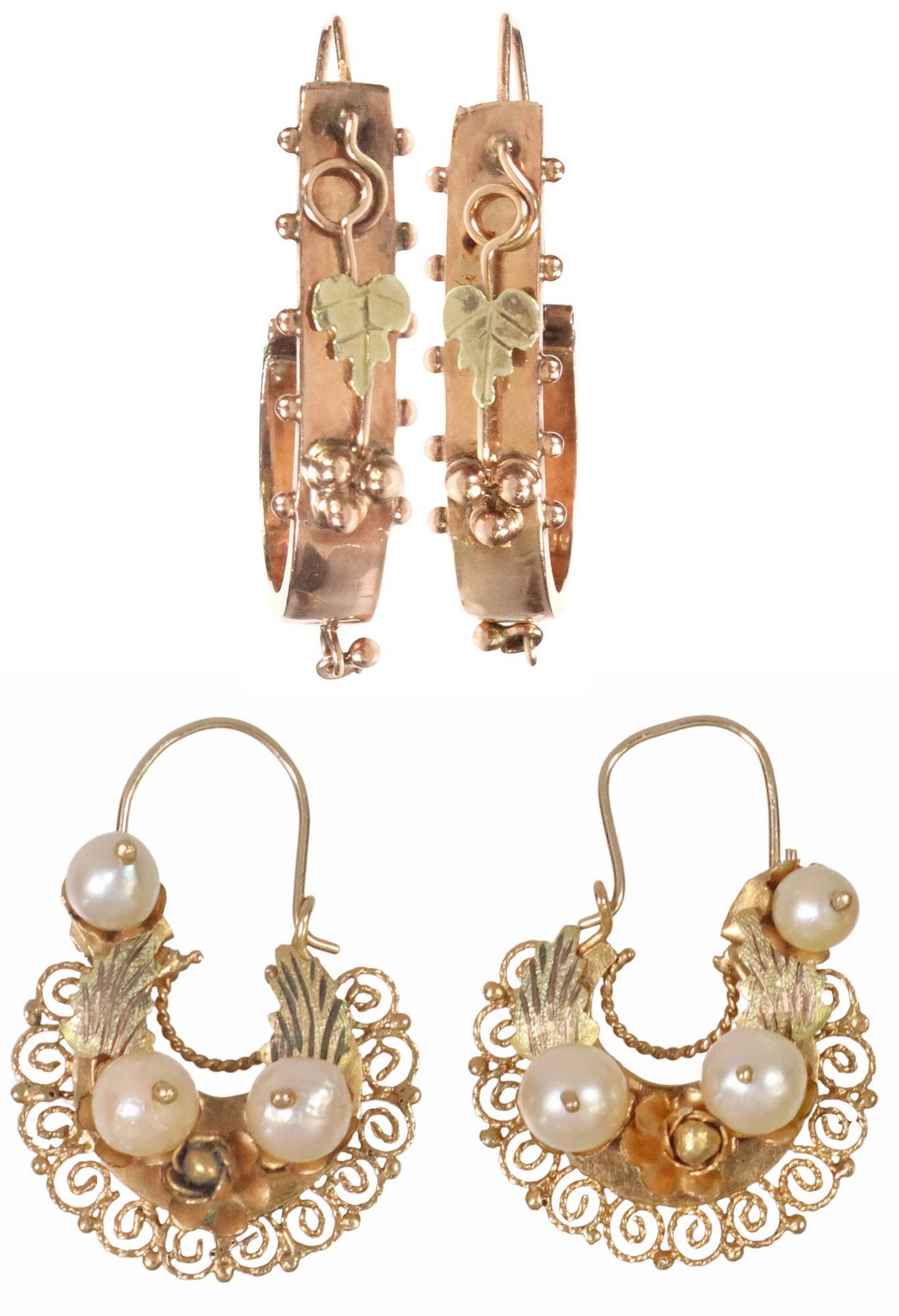 (2 PAIRS) ESTATE ANTIQUE 10KT GOLD EARRINGS: (lot of 2 pairs) Estate antique gold earrings, including: (pair) 10kt rose gold (tested) poissardes earrings, front-fastening lever backs, approx 1.25"l, 0.25"w, 2.3 grams, (pair) 10kt 