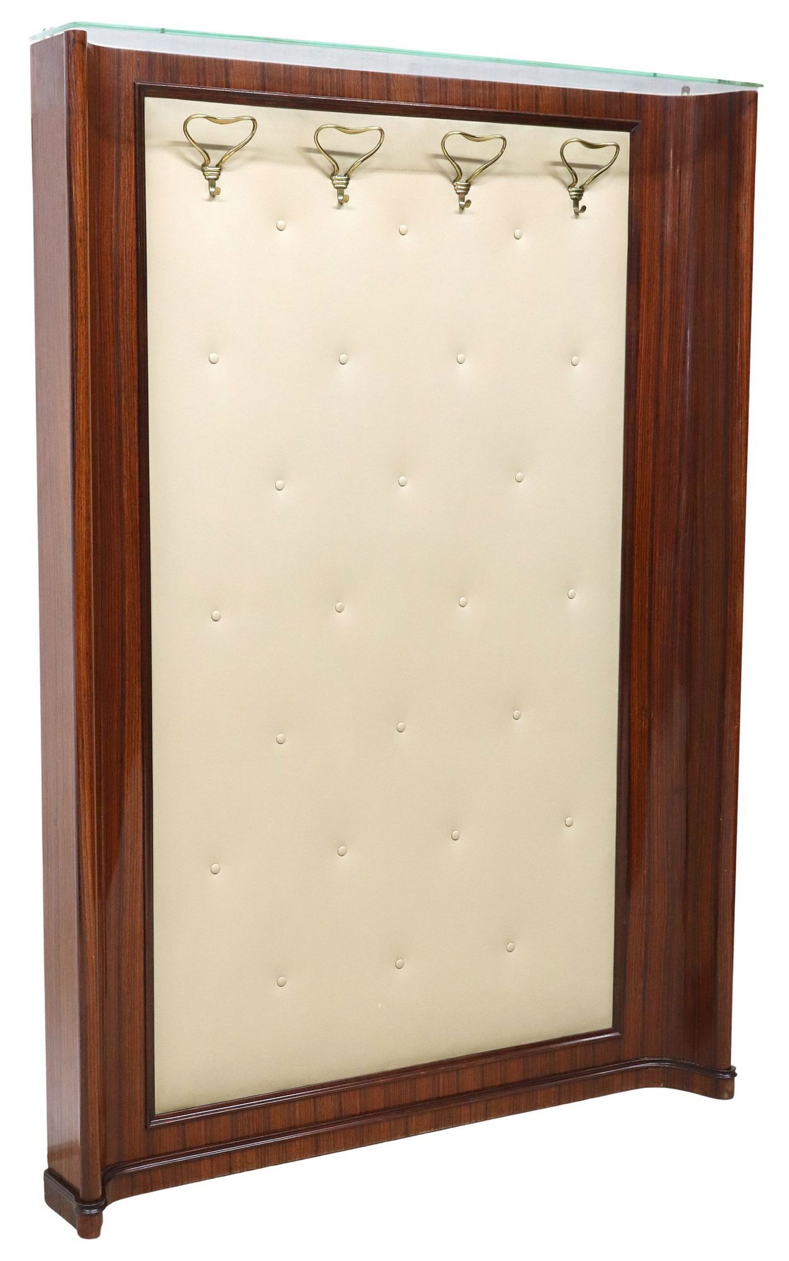 ITALIAN MID-CENTURY MODERN ROSEWOOD HALL TREE: Italian mid-century modern rosewood hall tree/ coat rack, c.1950s, glass shelf above gilt metal hooks, upholstered body with tacked accents, ending on curved base, approx 76 1/8"h, 53.25&quo