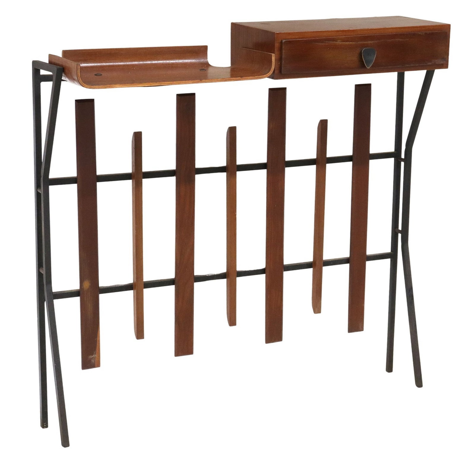 ITALIAN MID-CENTURY MODERN 1-DRAWER TEAK CONSOLE TABLE: Italian mid-century modern console table, c.1960s, having rounded teak top fitted with single drawer, rising on squared steel frame with slatted back, approx 35.25"h, 36.5"w, 8.5"d