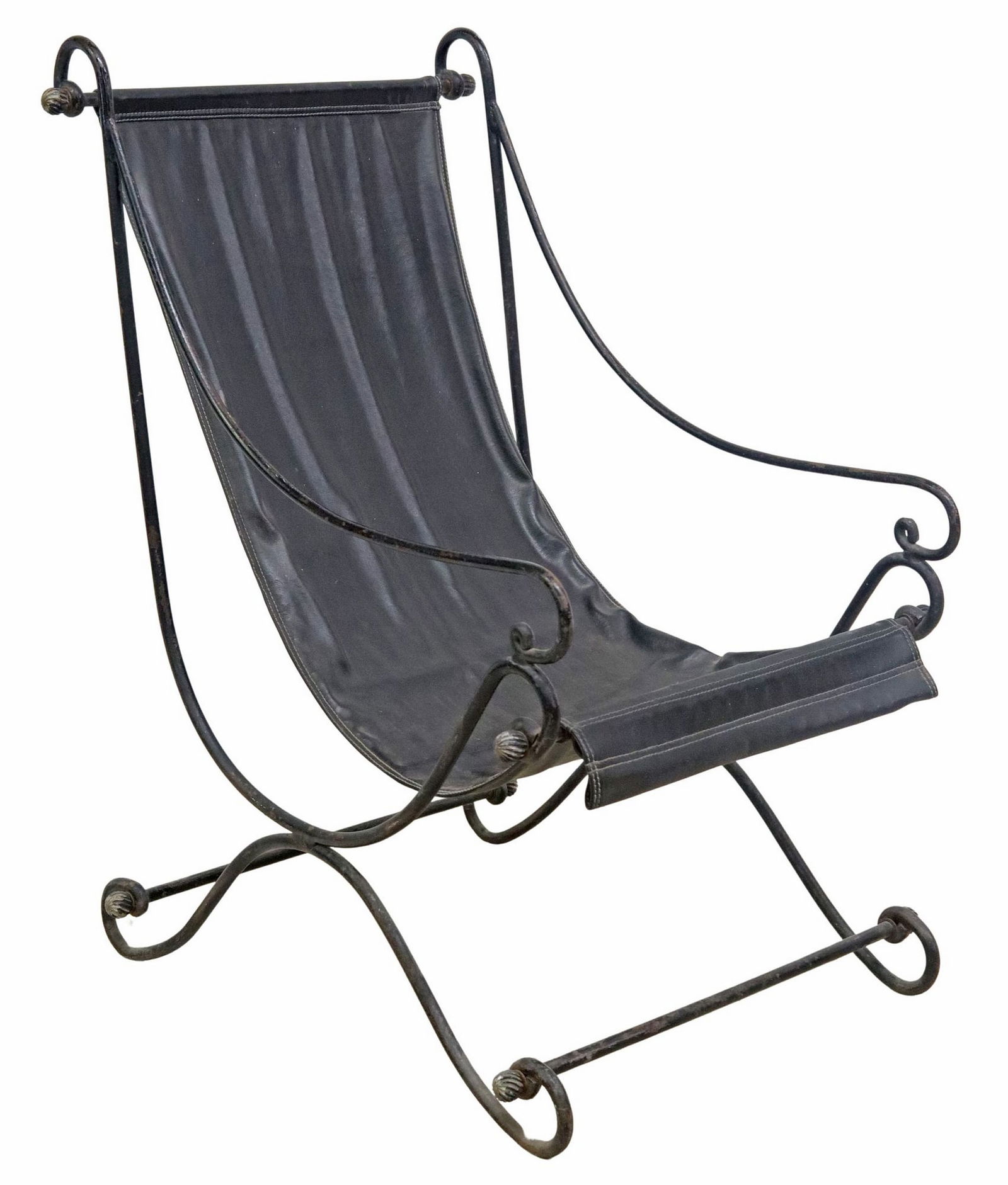 DAVID HICKS (1929-1998) CAMPECHE STYLE WROUGHT IRON & LEATHER ARMCHAIR: Campeche style armchair, original design by David Hicks (American, 1929-1998), c.1970s, having scrolled wrought iron base, supporting black leather sling seat, with contrast white stitching, approx 40