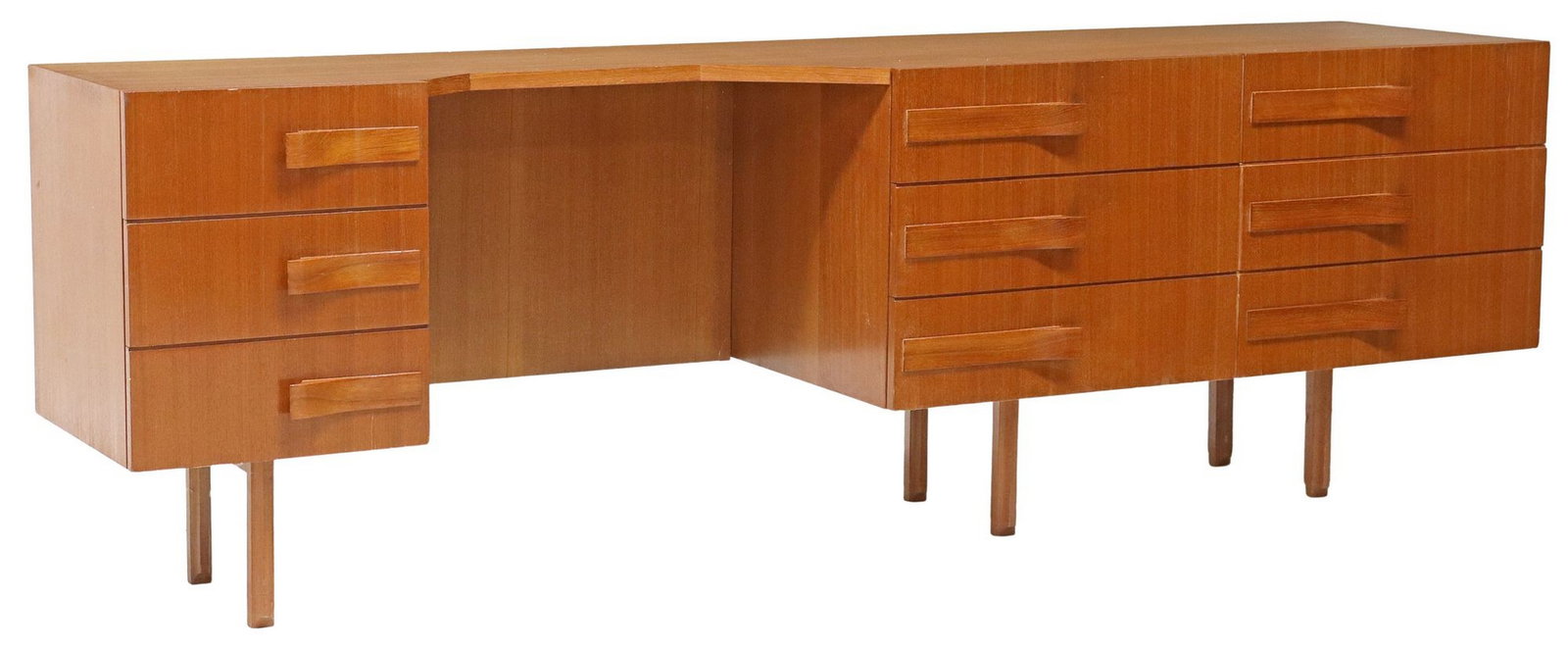MID-CENTURY MODERN TEAK LOW CREDENZA OR DESK: Mid-century modern teak low credenza/ desk, c.1960s, having rectangular open top, nine drawers, on stretcher-joined supports, approx 25"h, 76.75"w, 17.75"d