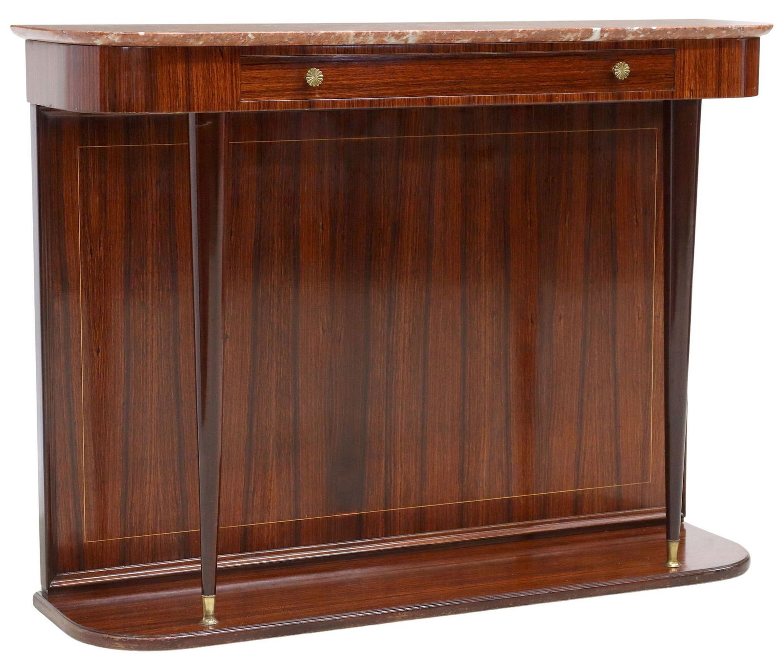 ITALIAN MID-CENTURY MODERN MARBLE-TOP ROSEWOOD CONSOLE: Italian mid-century modern marble-top rosewood console table, in the manner of Paolo Buffa (Italian, 1903-1970), c.1950s, single frieze drawer, on front tapering supports, approx 34"h, 46&qu