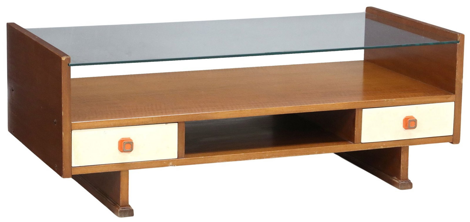 MID-CENTURY MODERN LOW COFFEE TABLE: Mid-century modern low coffee table, c.1960s, inset glass top, two drawers, approx 13.5"h, 36.5"w, 17.75"d
