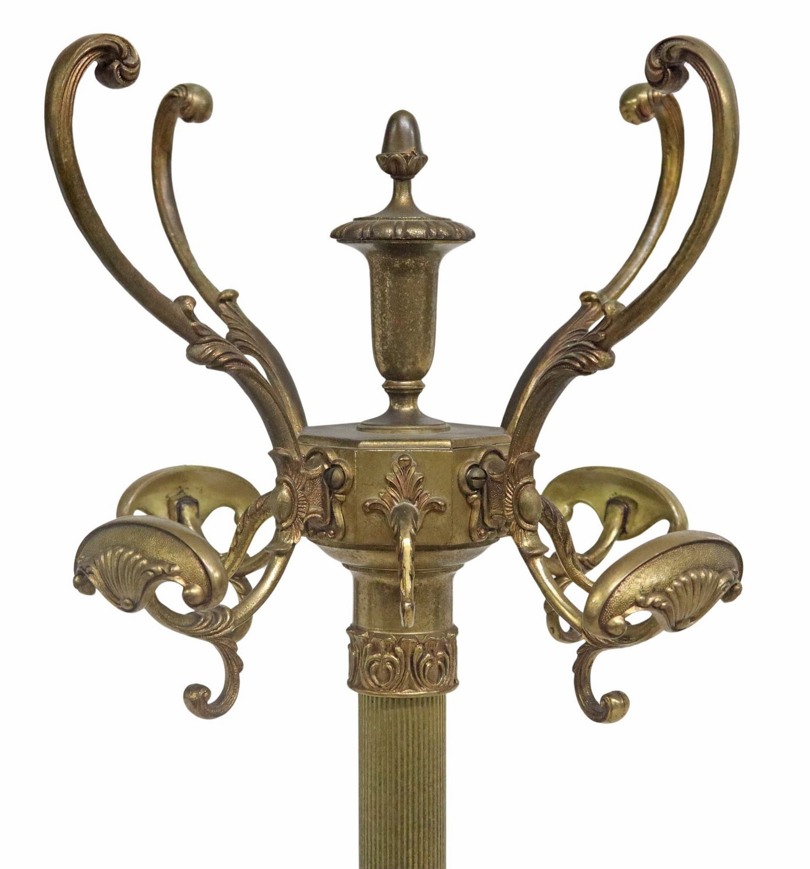 ITALIAN GILT METAL STANDING HALL TREE ON MARBLE BASE: Italian gilt metal standing hall tree, early 20th c., having vasiform finial flanked by four scrolled hat/ coat hooks, with alternating smaller hooks, rising on fluted standard, ending on tripartite f