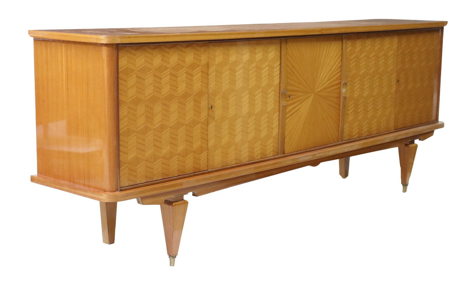 FRENCH MID-CENTURY MODERN LACQUERED PARQUETRY SIDEBOARD, 102"L: French mid-century modern lacquered sideboard, N.F. Ambeulement, c. 1960s, having a rectangular top with inlaid herringbone parquetry, over central bar cabinet with open interior and mirrored back pan