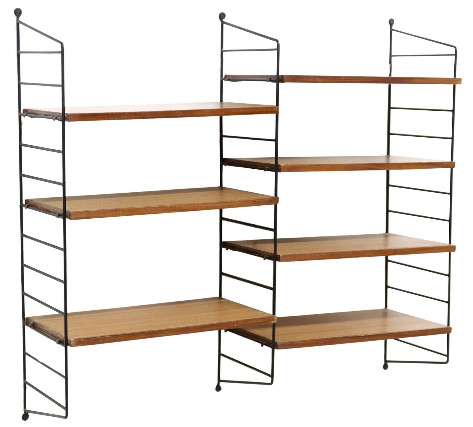 ITALIAN MID-CENTURY MODERN TEAK WALL-HANGING BOOKCASE: Italian mid-century modern wall-mounted modular shelves, c.1960s, slatted black steel frame, supporting seven adjustable-height teak shelves, approx 38"h, 42"w, 12.5"d