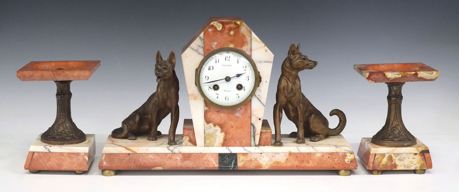 (3) FRENCH ART DECO MANTEL CLOCK & GARNITURES, NOT OPERATING: (3 piece) French Art Deco mantel set, c.1930s-1940s, including: (1) shelf clock, marble case flanked by patinated metal shepherd dogs, enamel dial inscribed Huteau, Nantes, Arabic numeral hours, time-