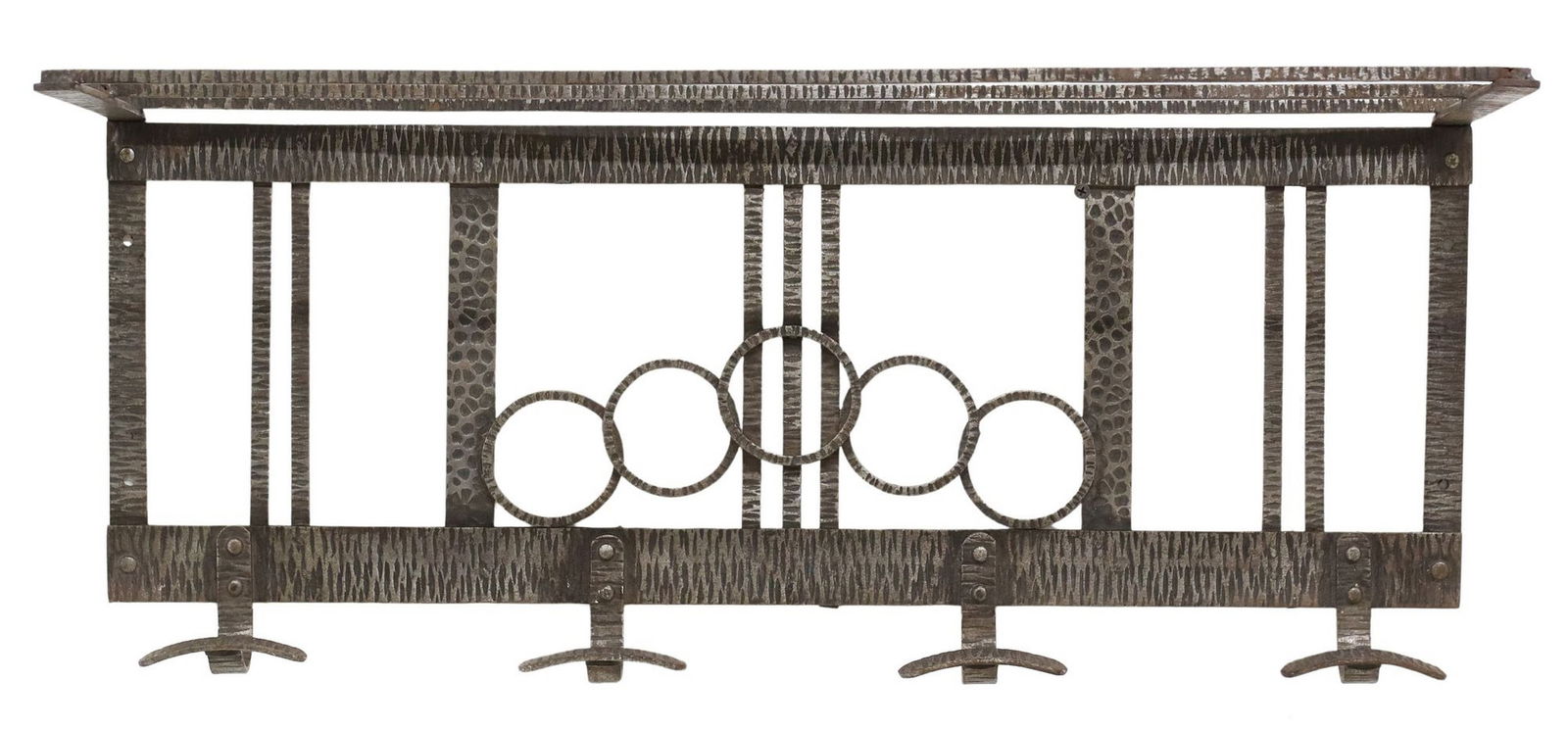 FRENCH ART DECO IRON WALL-MOUNTED COAT RACK: French Art Deco iron wall mounted hat/ coat rack, in the manner of Edgar Brandt (French, 1880-1960), c.1930s-1940s, having top shelf, over four hooks, with circular motifs and textured desig