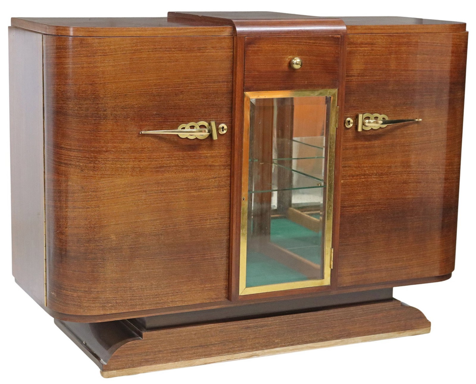 FRENCH ART DECO ROSEWOOD SIDEBOARD WITH BAR CABINET: French Art Deco rosewood sideboard, c.1930s-1940s, centered drawer over a mirror-lined bar cabinet with beveled glass door, flanked by bowfront cabinets, on a stepped plinth, approx 39"h, 53.25&q
