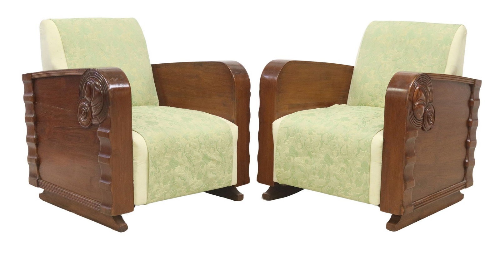 (2) FRENCH ART DECO UPHOLSTERED CLUB CHAIRS: (pair) French Art Deco lounge chairs, c.1930s, curved wood arms with stylized geometric carving, upholstered back and seat, approx 32.5"h, 31"w, 28.5"d