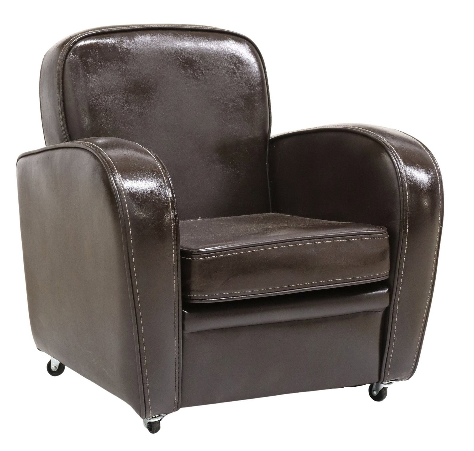 DIMINUTIVE CHILD'S ART DECO STYLE UPHOLSTERED CLUB CHAIR: Diminutive/ children's club chair, 20th c., in brown faux leather upholstery, with rounded back and arms, rising on castors, approx 22"h, 21"w, 19.5"d, seat height: approx 11.25&quo