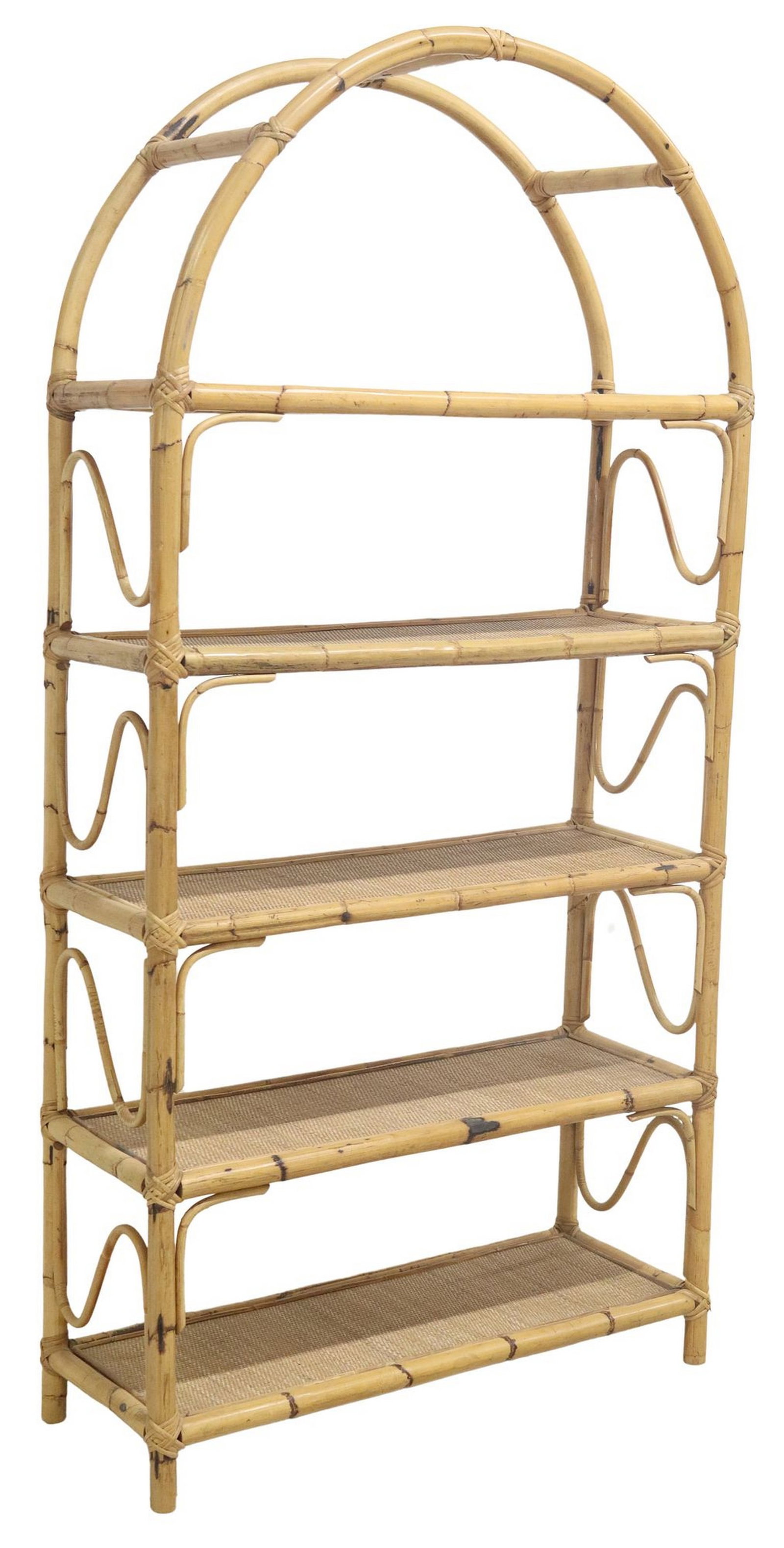 VINTAGE ITALIAN BAMBOO & RATTAN OPEN BOOKCASE: Vintage Italian bamboo bookcase, c.1970s, arched frame, five woven rattan shelves, approx 79"h, 39.25"w, 15.5"d