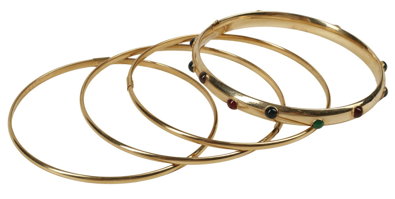(4) ESTATE 14KT YELLOW GOLD HOLLOW BANGLE BRACELETS: (lot of 4) Estate 14kt yellow gold bangle bracelets, including: (3) plain hollow bangles, marked 14K, interior: approx 2 7/16"w, (1) hinged hollow bangle, set with multi-color cabochons, app