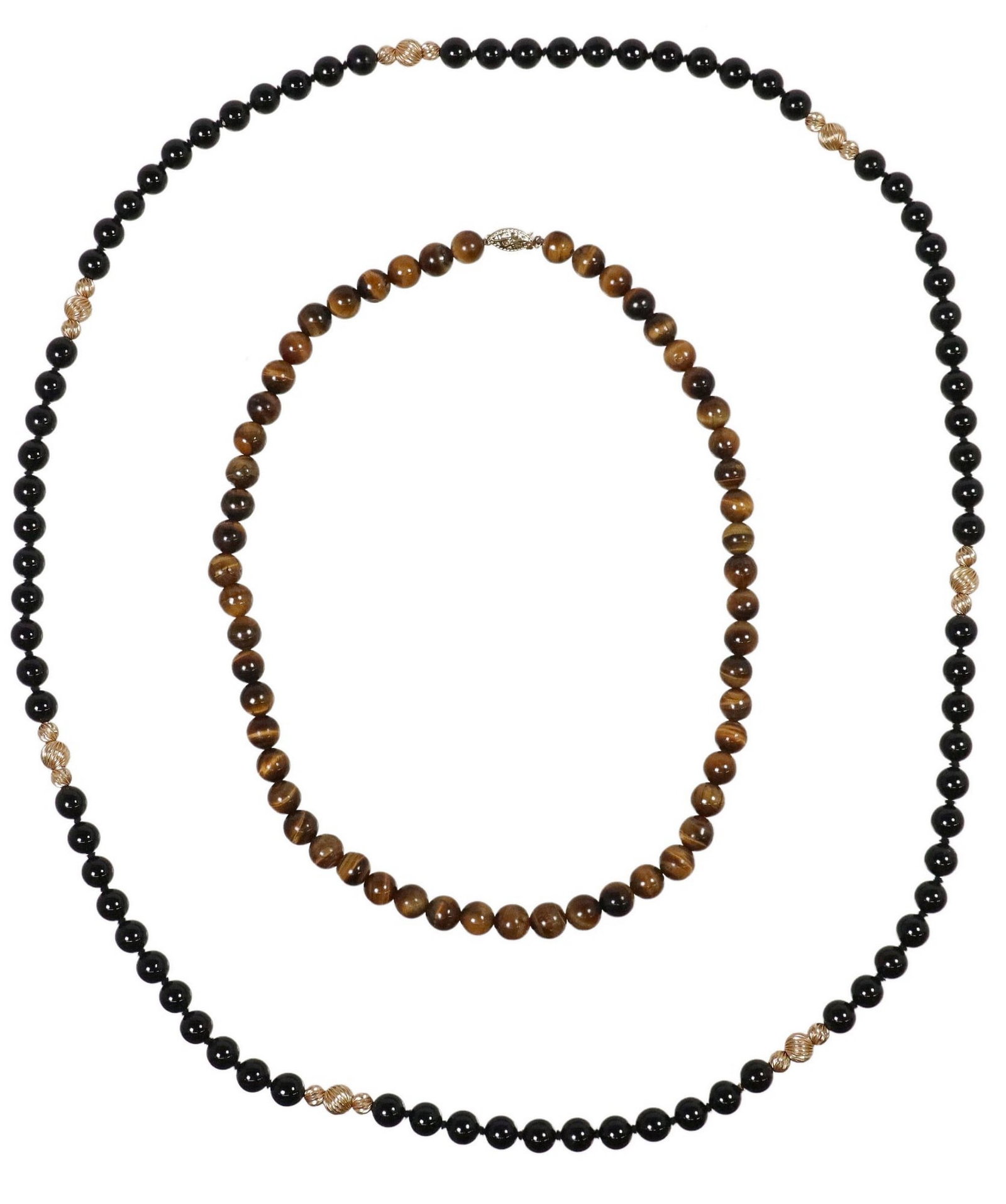 (2) ESTATE 14KT GOLD TIGER'S EYE & ONYX BEADED NECKLACES: (lot of 2) Estate beaded necklaces, including: (1) round tiger's eye beads, with 14kt yellow gold filigree fishhook clasp, clasp marked 14K CP, approx 18.25"l, (1) round black onyx beads