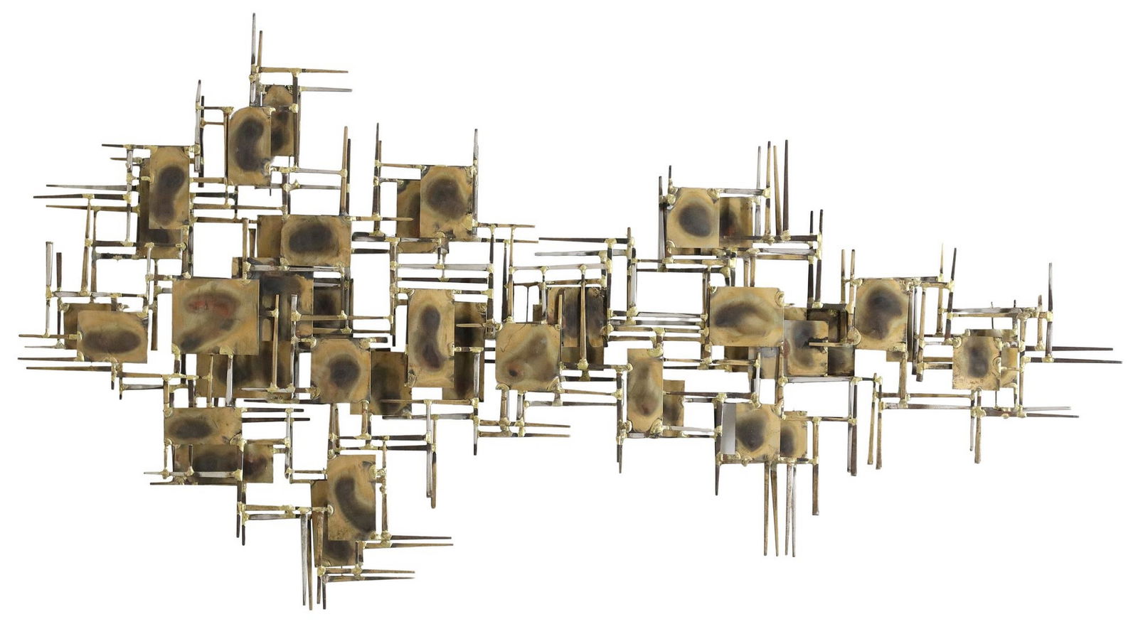 MARK WEINSTEIN FOR MARC CREATES BRUTALIST METAL WALL SCULPTURE: Large Brutalist iron wall sculpture, Mark Weinstein (Missouri, 20th c.) for Marc Creates, c.1960-1970s, layered geometric frame comprised of rectangular panels, retaining adhesive maker's label ve